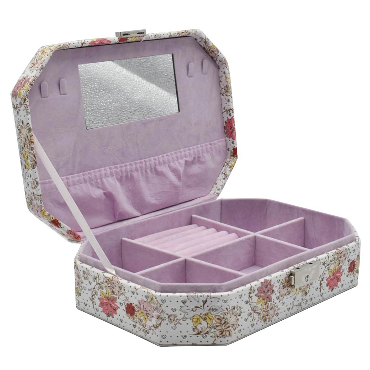 Jewellery Organizer Box with Mirror, 6 Section storage, PU Leather (123-10)