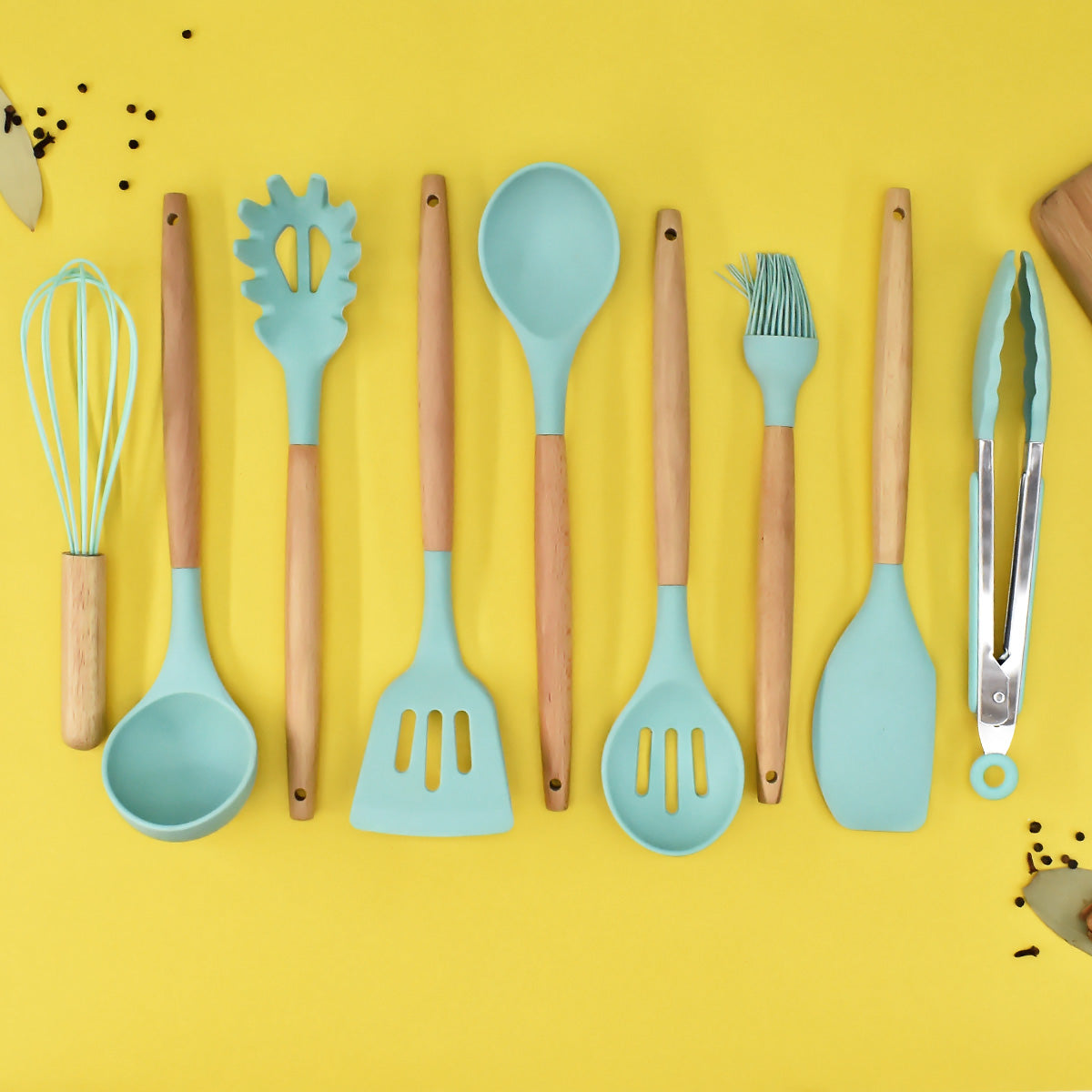 Silicone Kitchen Utensil Spoon 9 Pieces Cooking & Baking Tool Sets - Sea Green