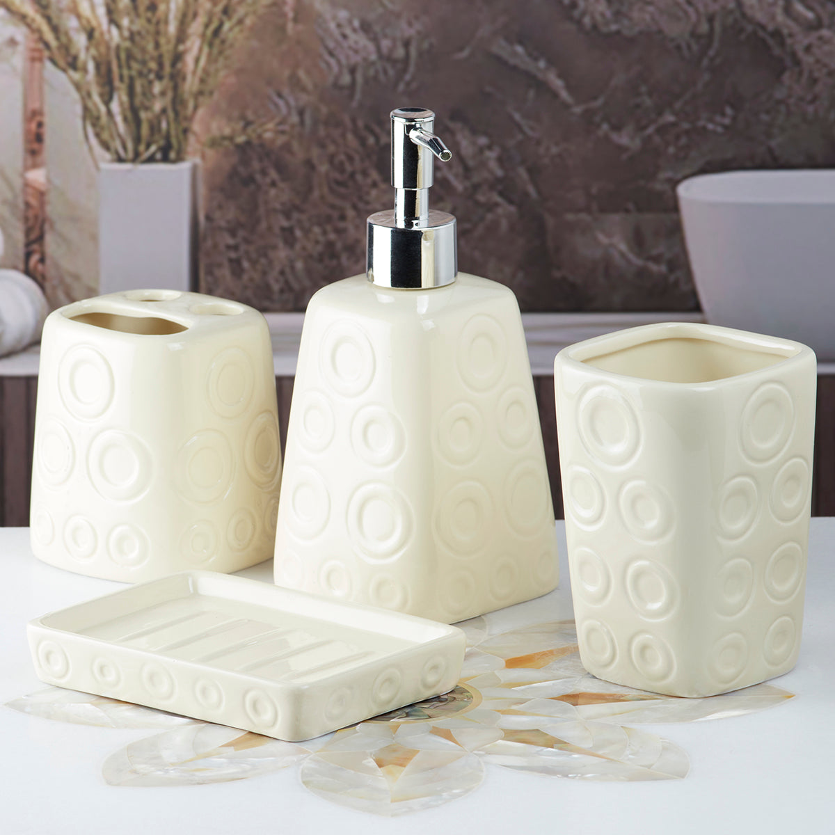 Ceramic Bathroom Accessories Set of 4 Bath Set with Soap Dispenser (8160)