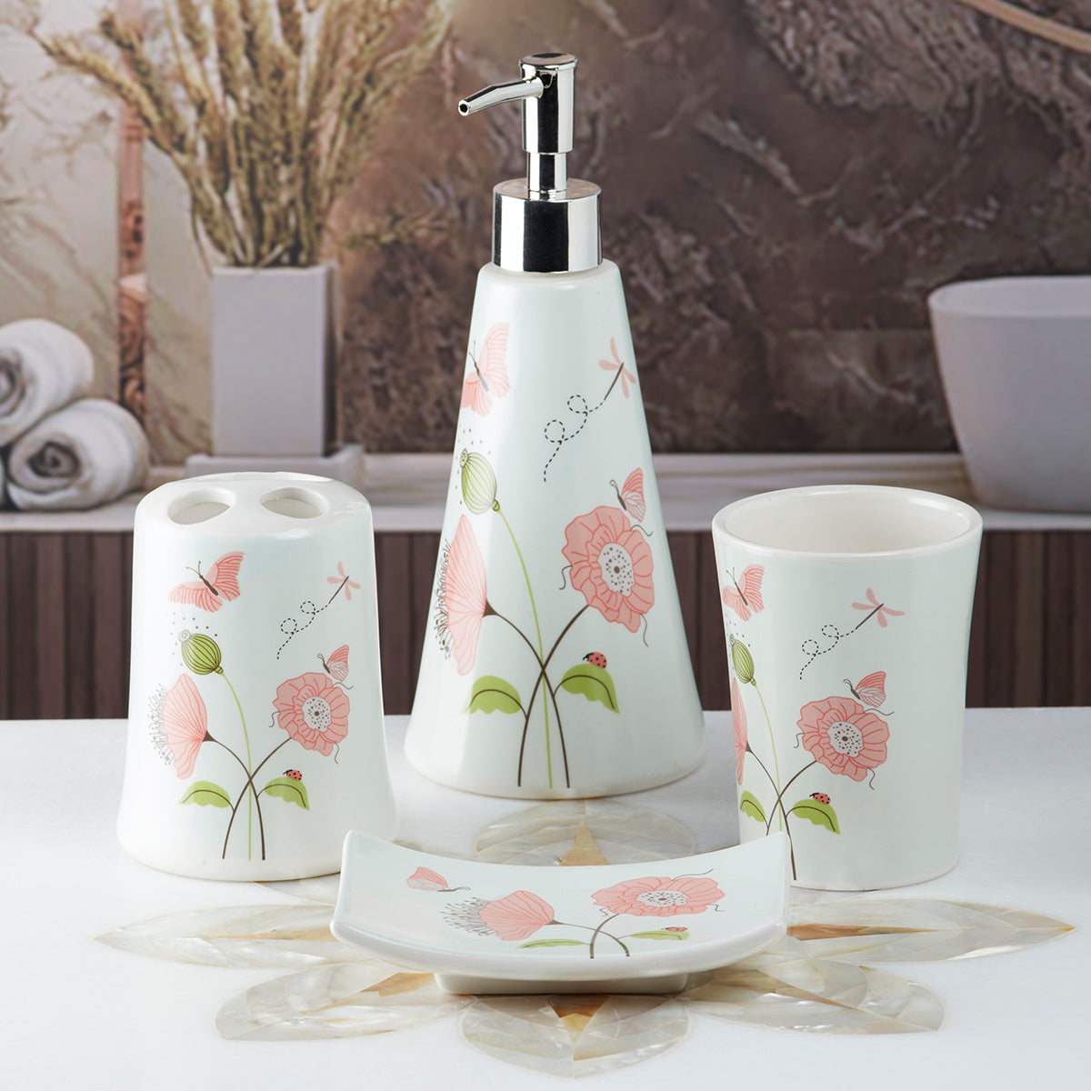 Ceramic Bathroom Accessories Set of 4 Bath Set with Soap Dispenser (8170)