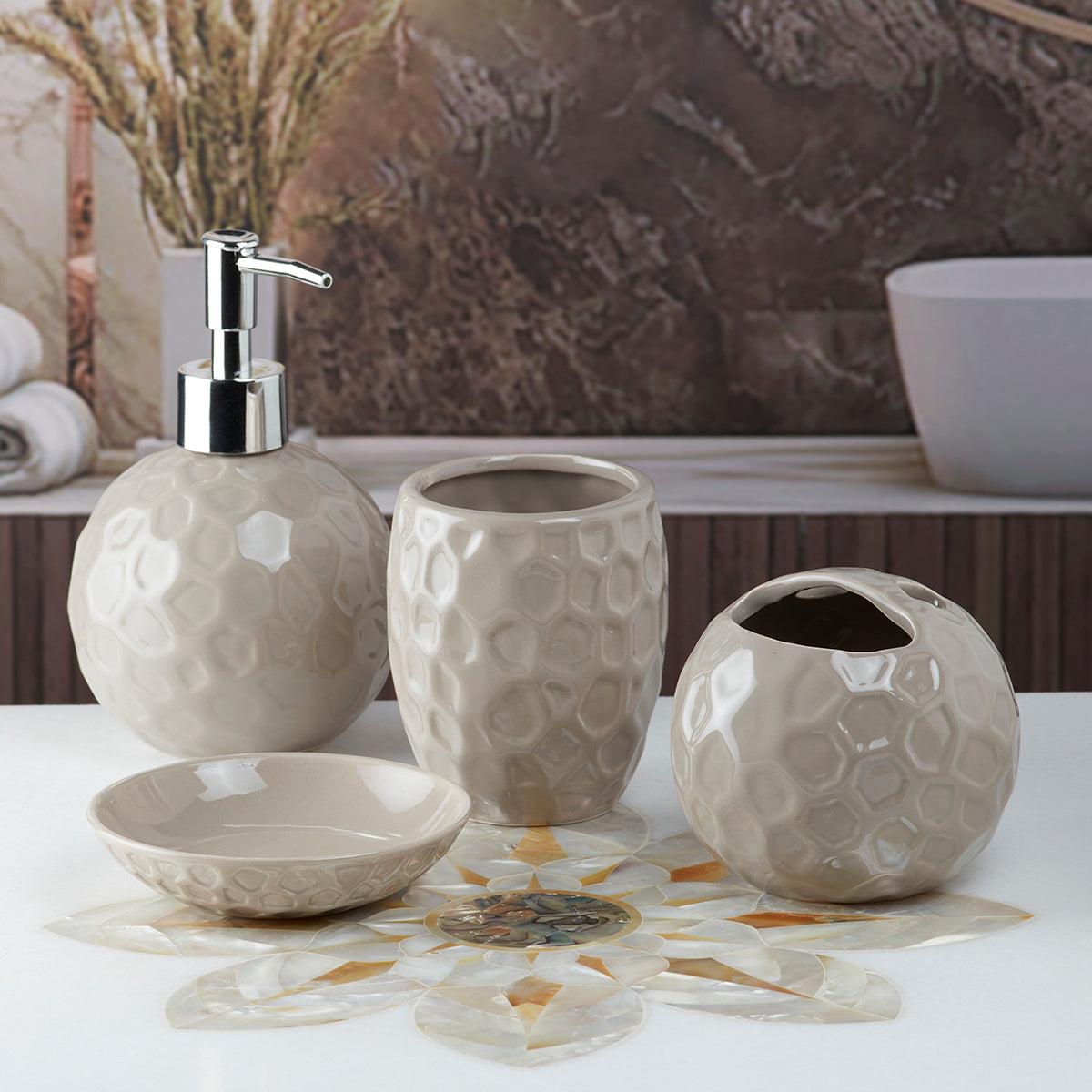 Ceramic Bathroom Accessories Set of 4 Bath Set with Soap Dispenser (8205)