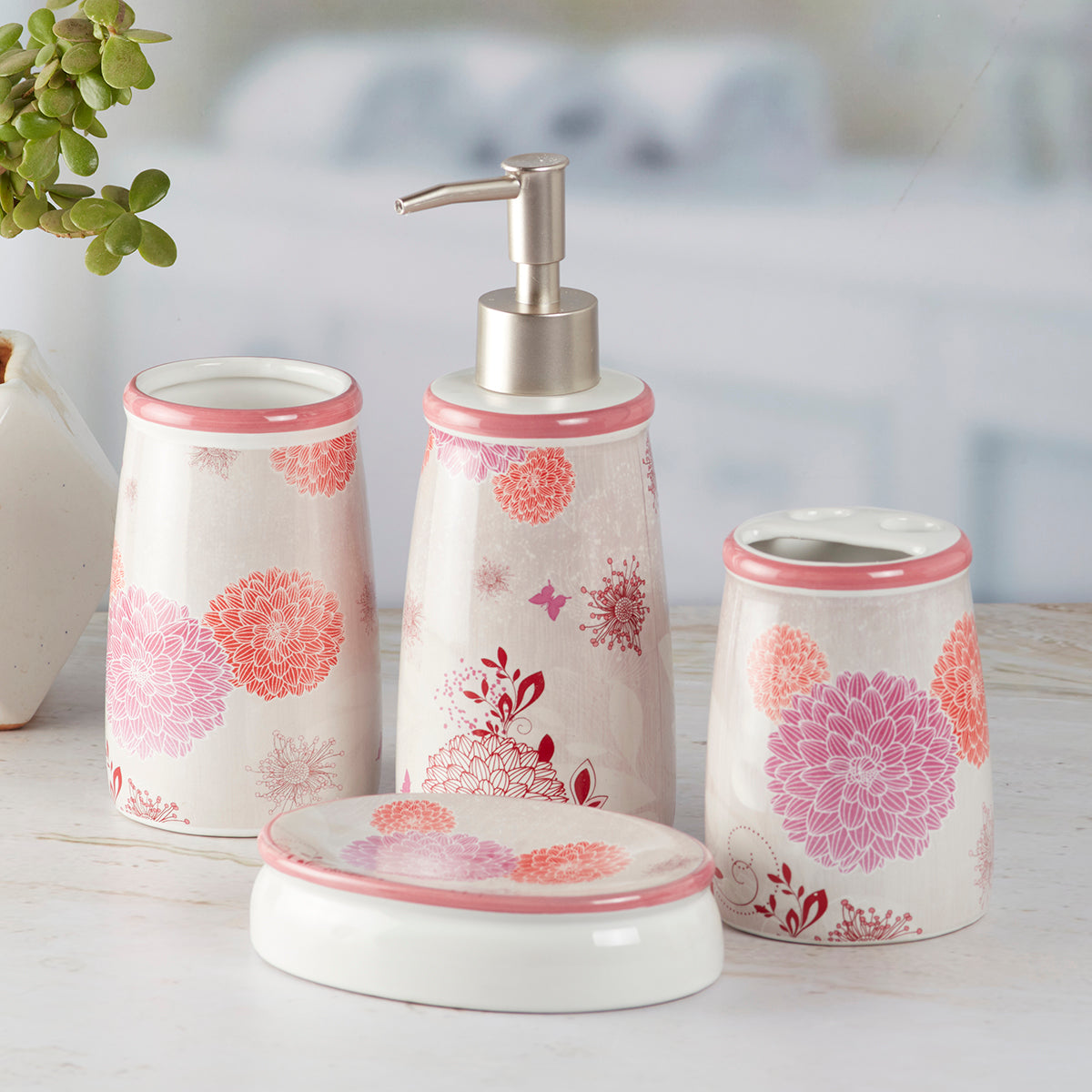 Ceramic Bathroom Accessories Set of 4 Bath Set with Soap Dispenser (8311)