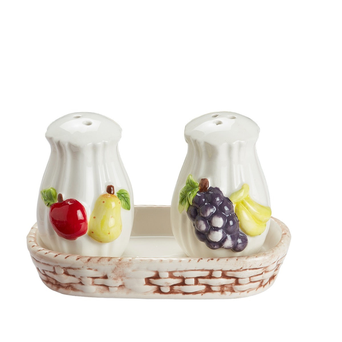 Ceramic Salt and Pepper Set with tray, Fruits Design, White