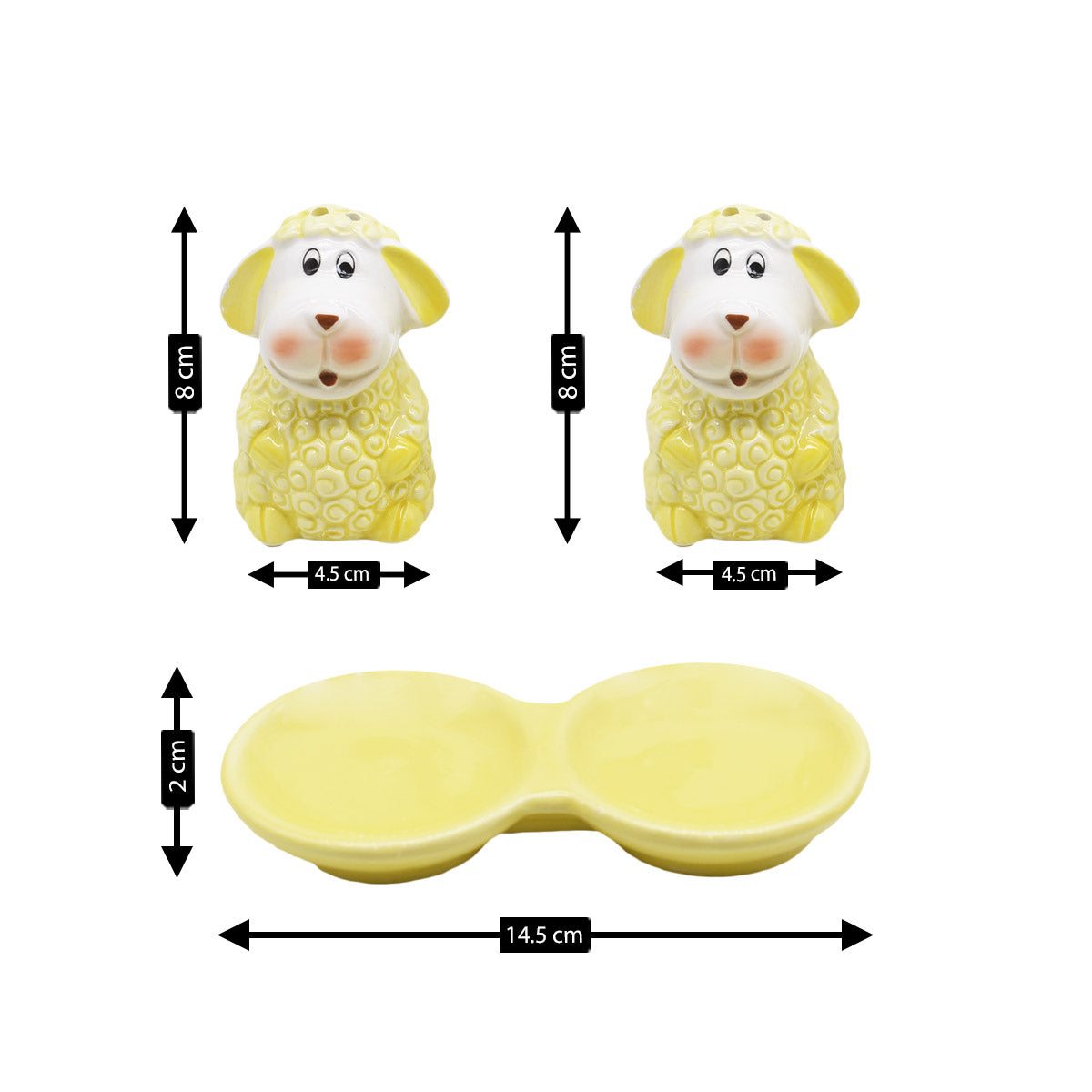 Ceramic Salt and Pepper Set with tray, Sheep Design, Yellow (8562)