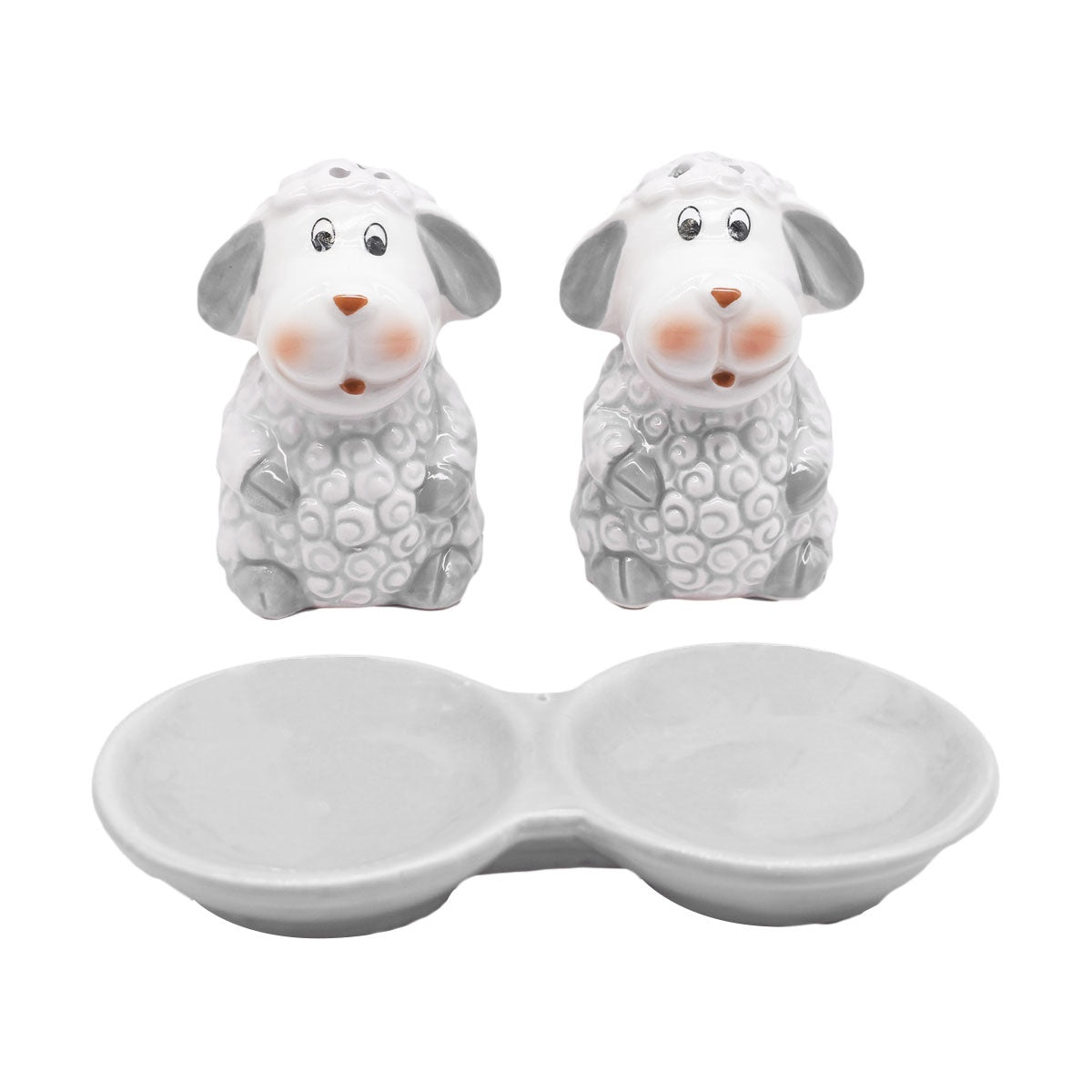 Ceramic Salt and Pepper Set with tray, Sheep Design, Grey (8563)