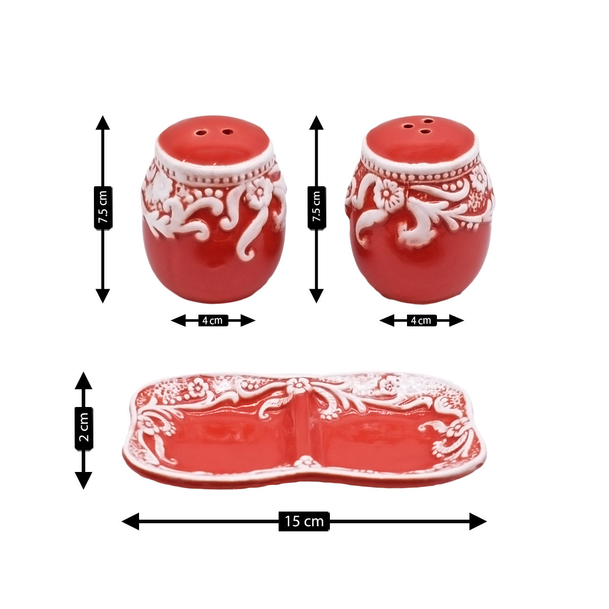 Ceramic Salt and Pepper Set with tray, Floral Design, Red White (8565)