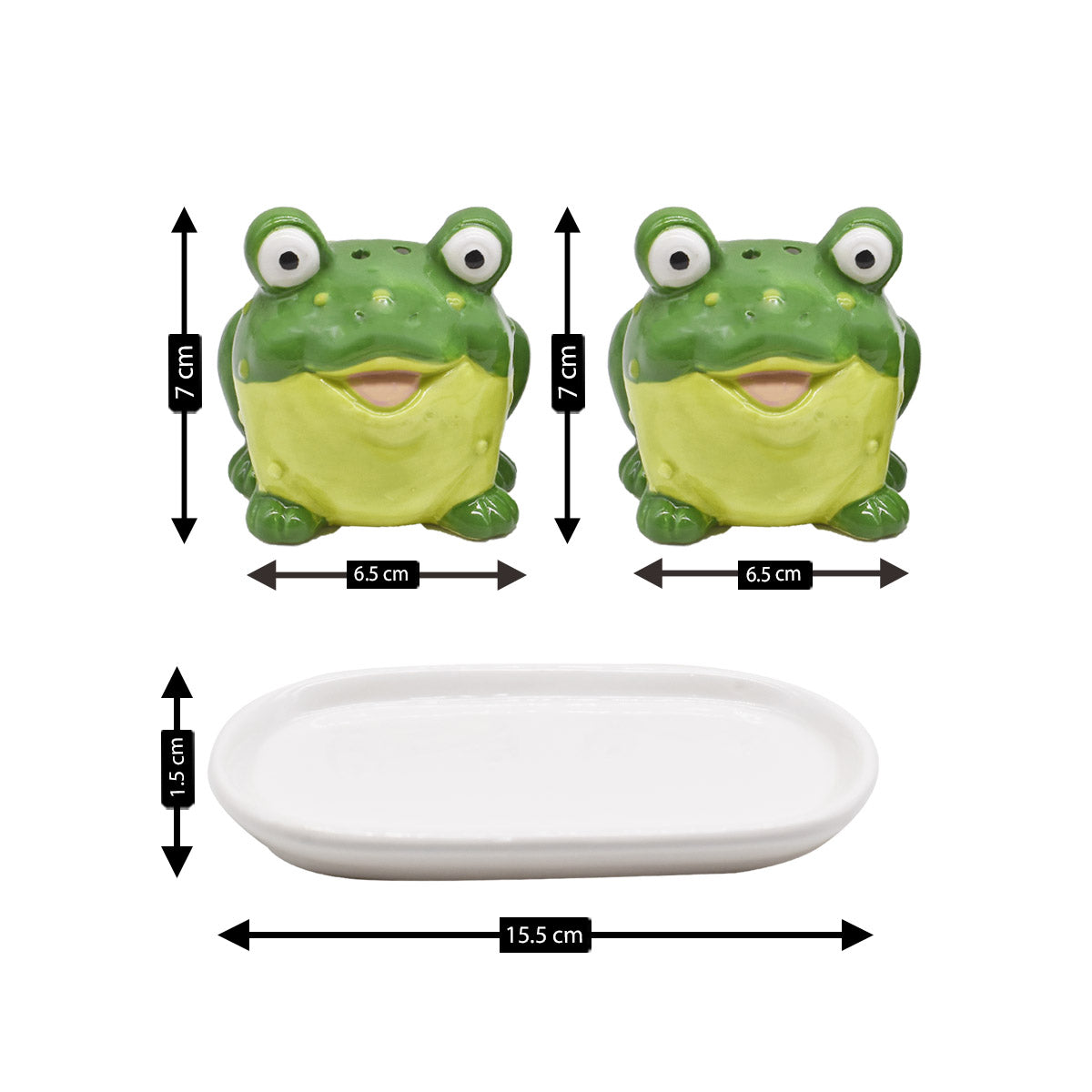 Ceramic Salt and Pepper Set with tray, Frog Design, Green (8569)