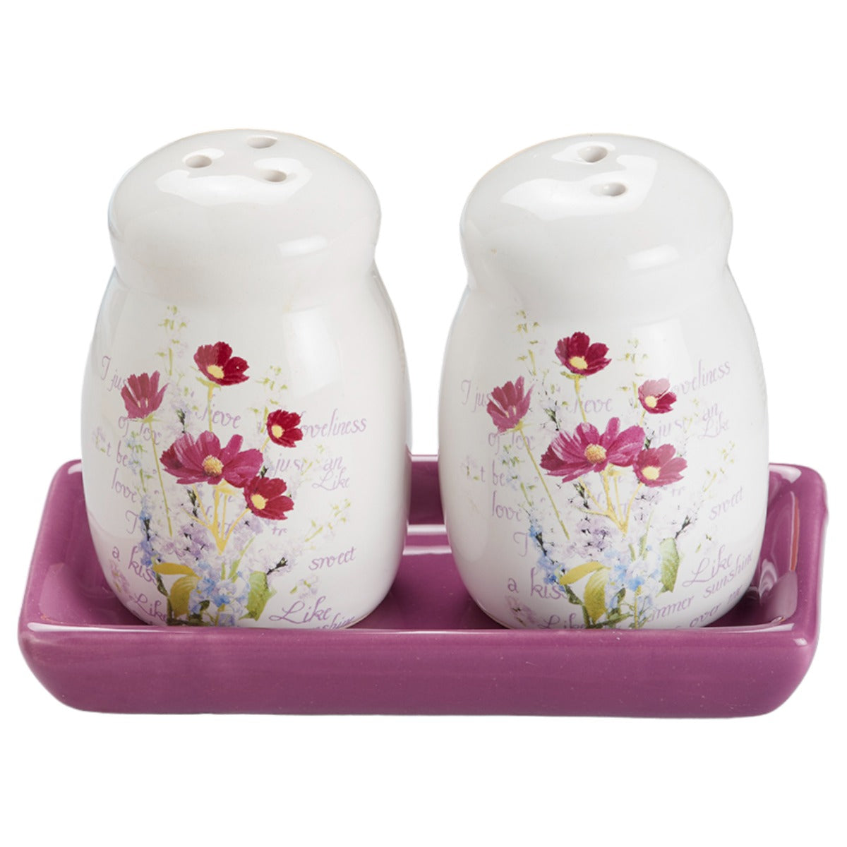 Ceramic Salt and Pepper Set with tray, Printed Design, White (8592)