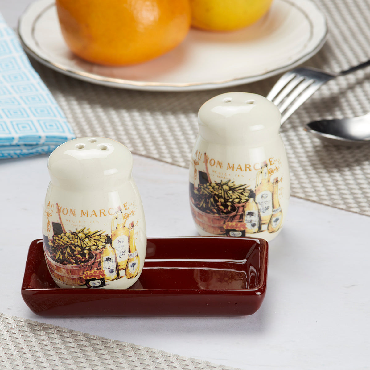 Ceramic Salt and Pepper Set with tray, Printed Design, White (8593)