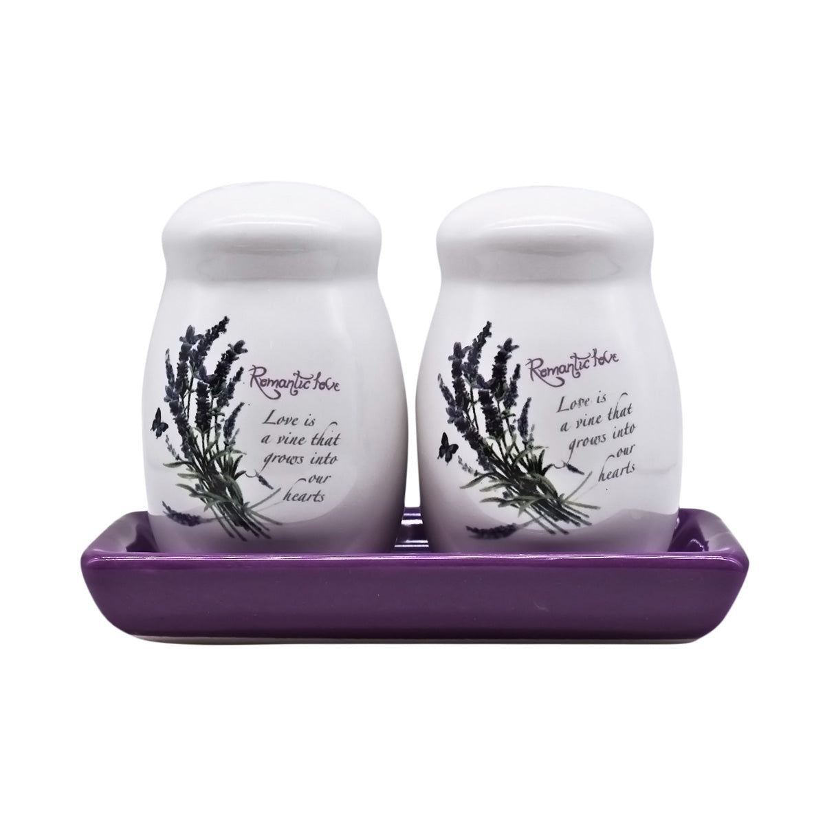 Ceramic Salt and Pepper Set with tray, Printed Design, White (8594)