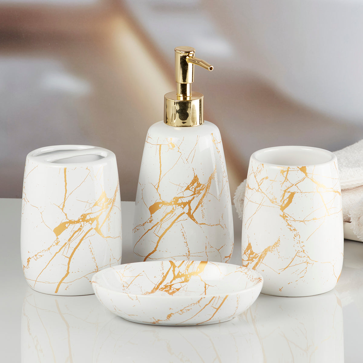 Ceramic Bathroom Accessories Set of 4, Modern Bath Set with Liquid