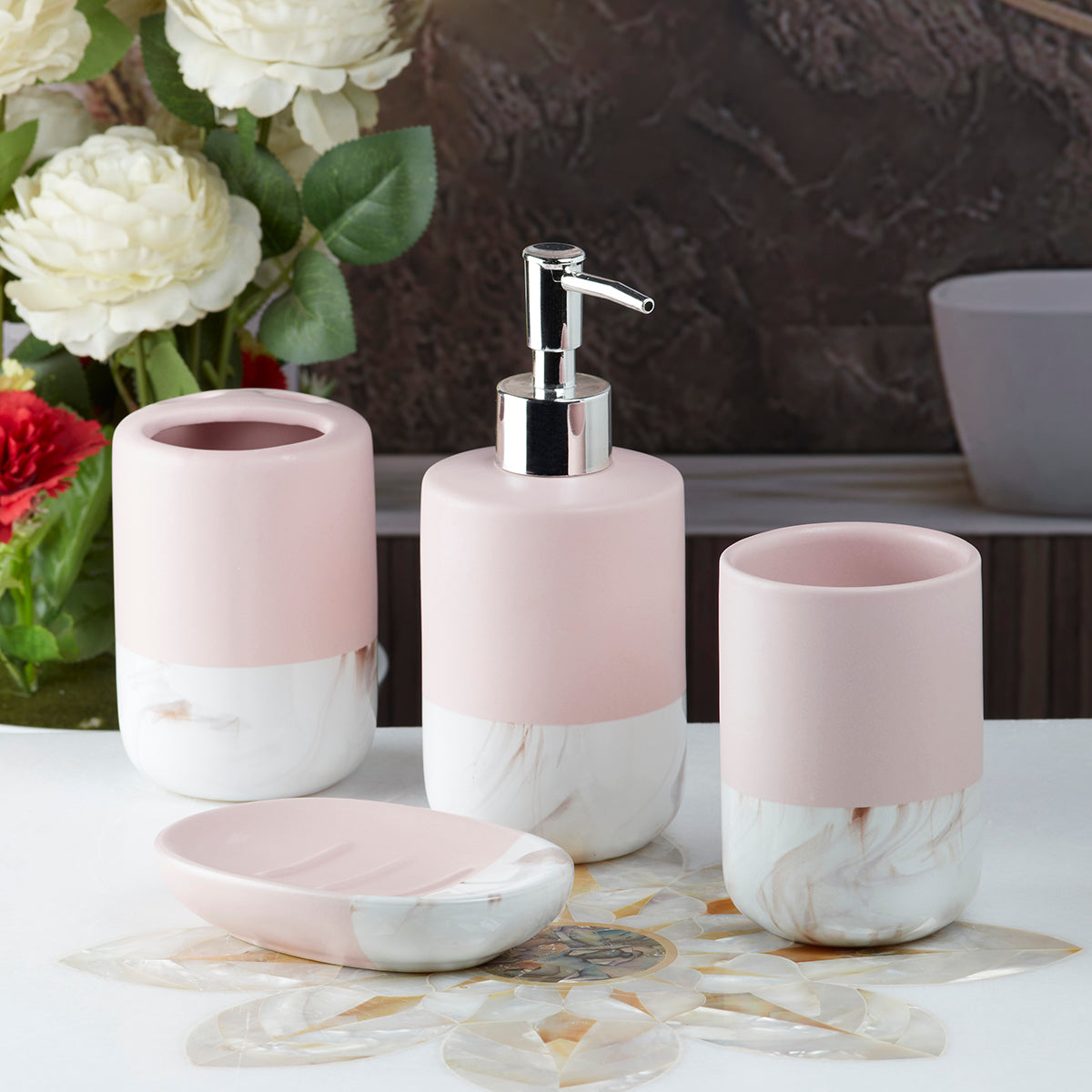 Ceramic Bathroom Accessories Set of 4 Bath Set with Soap Dispenser (9634)