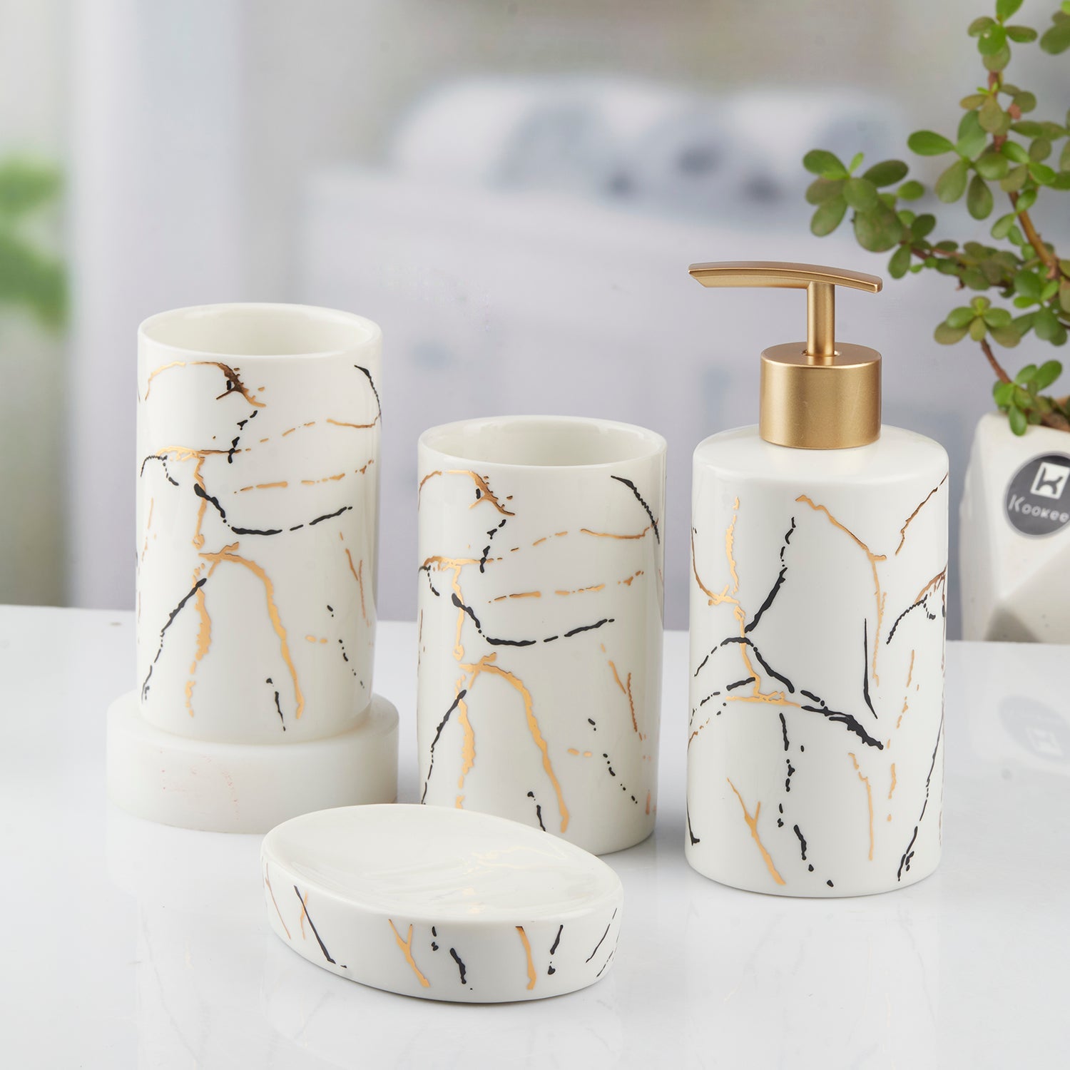 Ceramic Bathroom Accessories Set of 4 Bath Set with Soap Dispenser (9741)