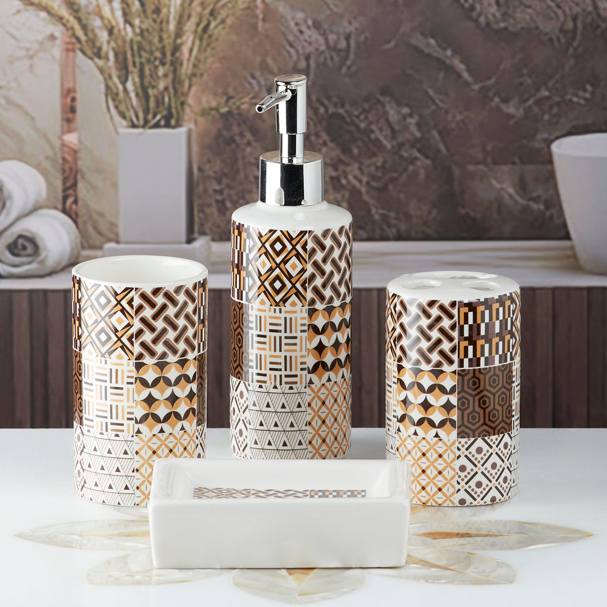 Ceramic Bathroom Accessories Set of 4 Bath Set with Soap Dispenser (9755)