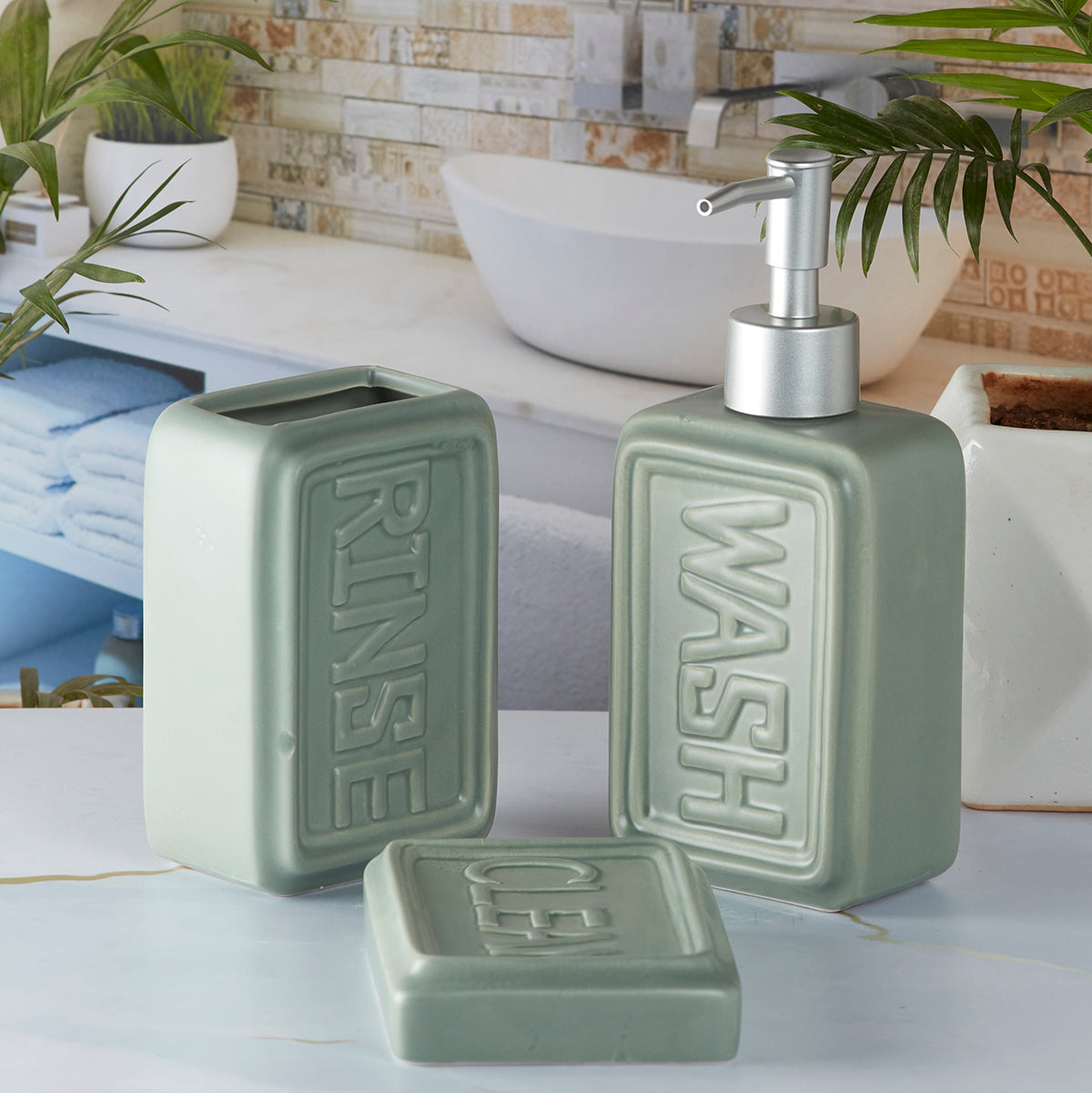 Ceramic Bathroom Accessories Set of 3 Bath Set with Soap Dispenser (9890)