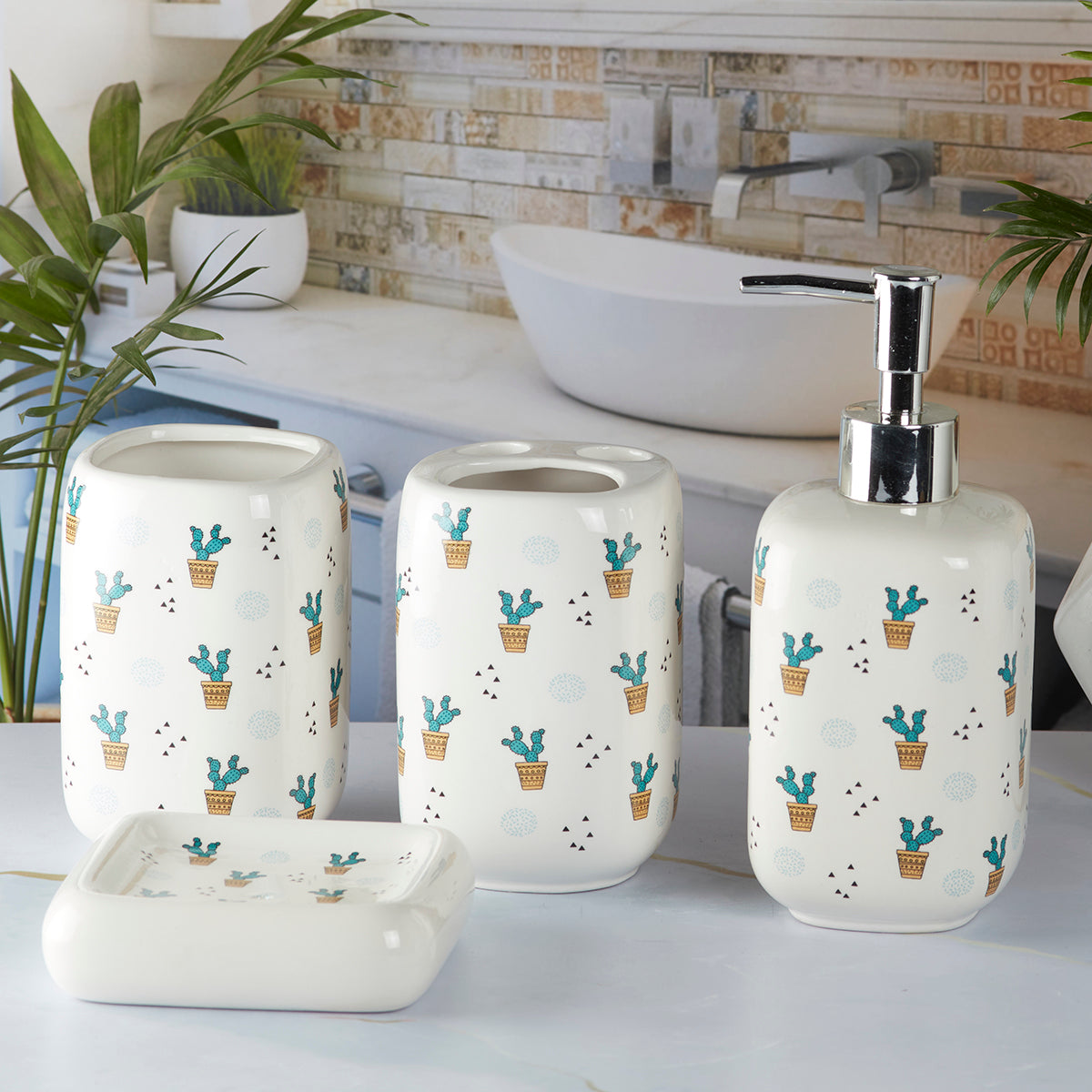 Ceramic Bathroom Accessories Set of 4 Bath Set with Soap Dispenser (9900)