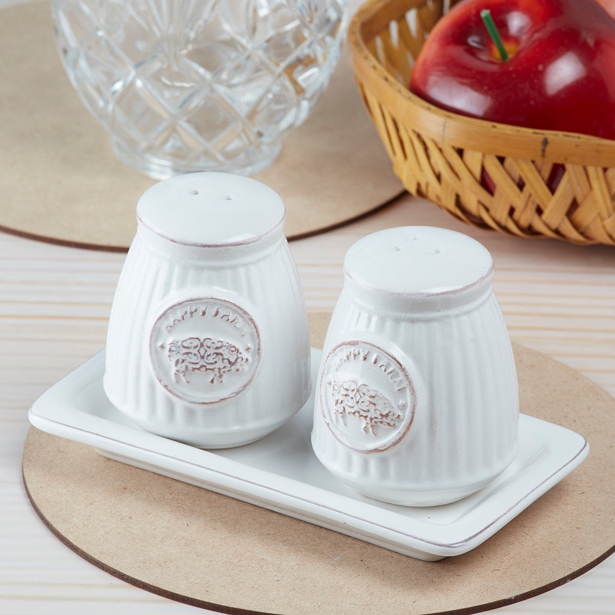 Ceramic Salt Pepper Container Set with tray for Dining Table (9964)