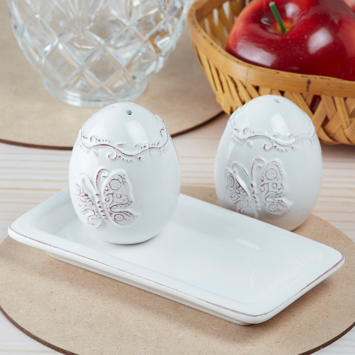 Ceramic Salt Pepper Container Set with tray for Dining Table (9966)