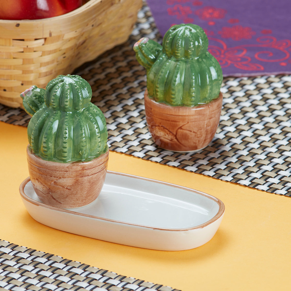 Ceramic Salt Pepper Container Set with tray for Dining Table (9982)