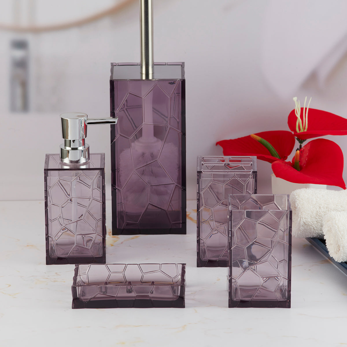Acrylic Bathroom Accessories Set of 5 Bath Set with Soap Dispenser (10042)