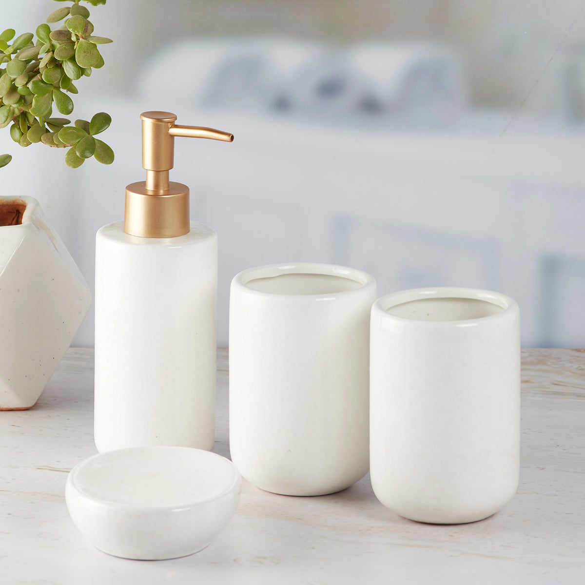Ceramic Bathroom Accessories Set of 4 Bath Set with Soap Dispenser (10053)