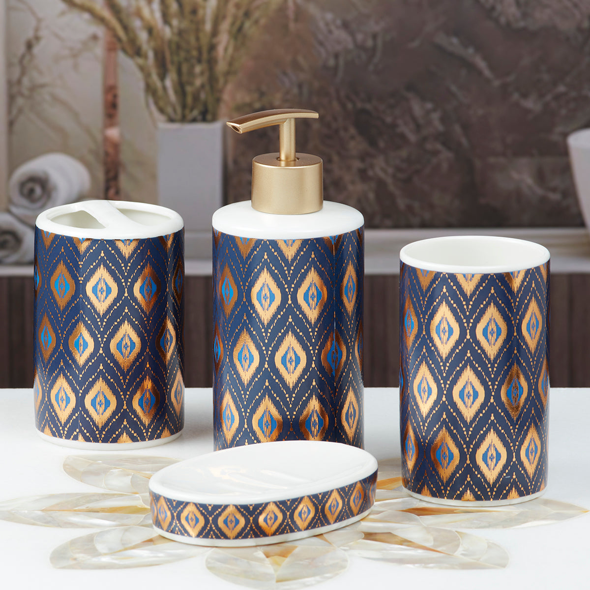 Ceramic Bathroom Accessories Set of 4 Bath Set with Soap Dispenser (10073)