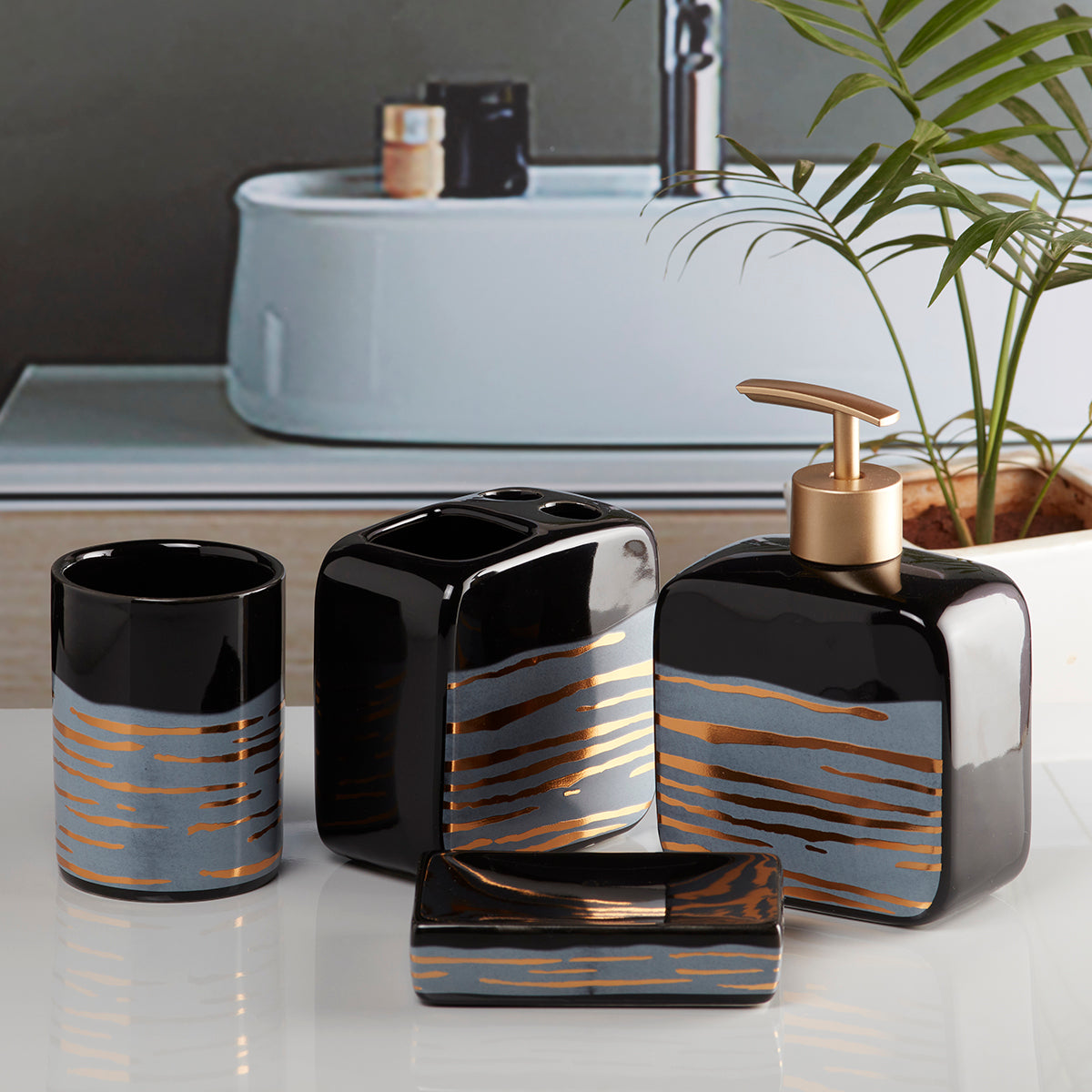 Ceramic Bathroom Accessories Set of 4 Bath Set with Soap Dispenser (10074)