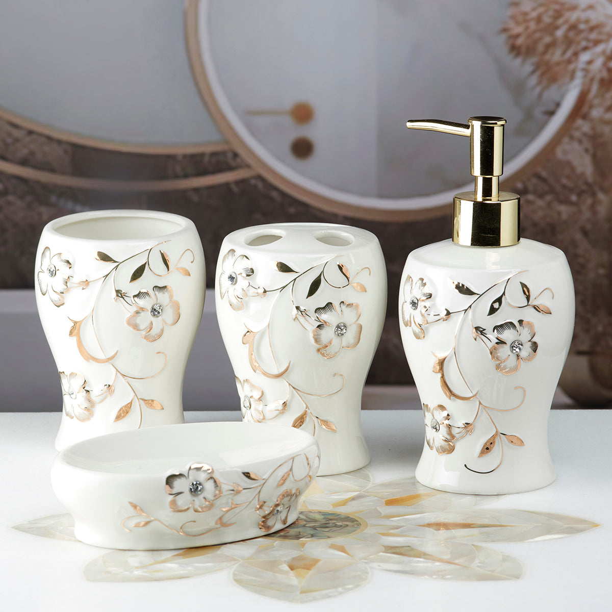 Ceramic Bathroom Accessories Set of 4 Bath Set with Soap Dispenser (10094)