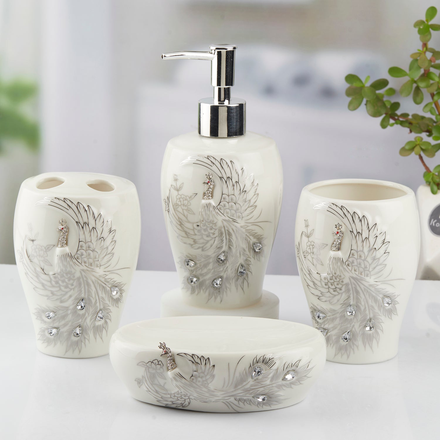 Ceramic Bathroom Accessories Set of 4 Bath Set with Soap Dispenser (10095)
