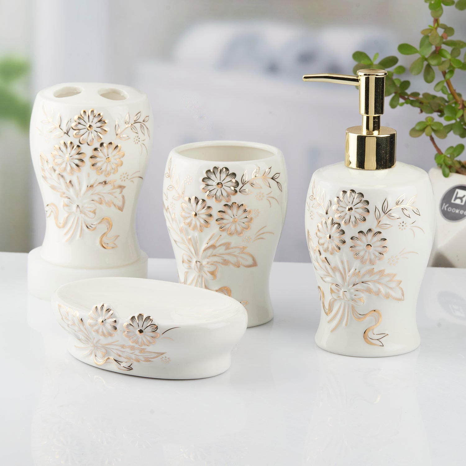 Ceramic Bathroom Accessories Set of 4 Bath Set with Soap Dispenser (10103)