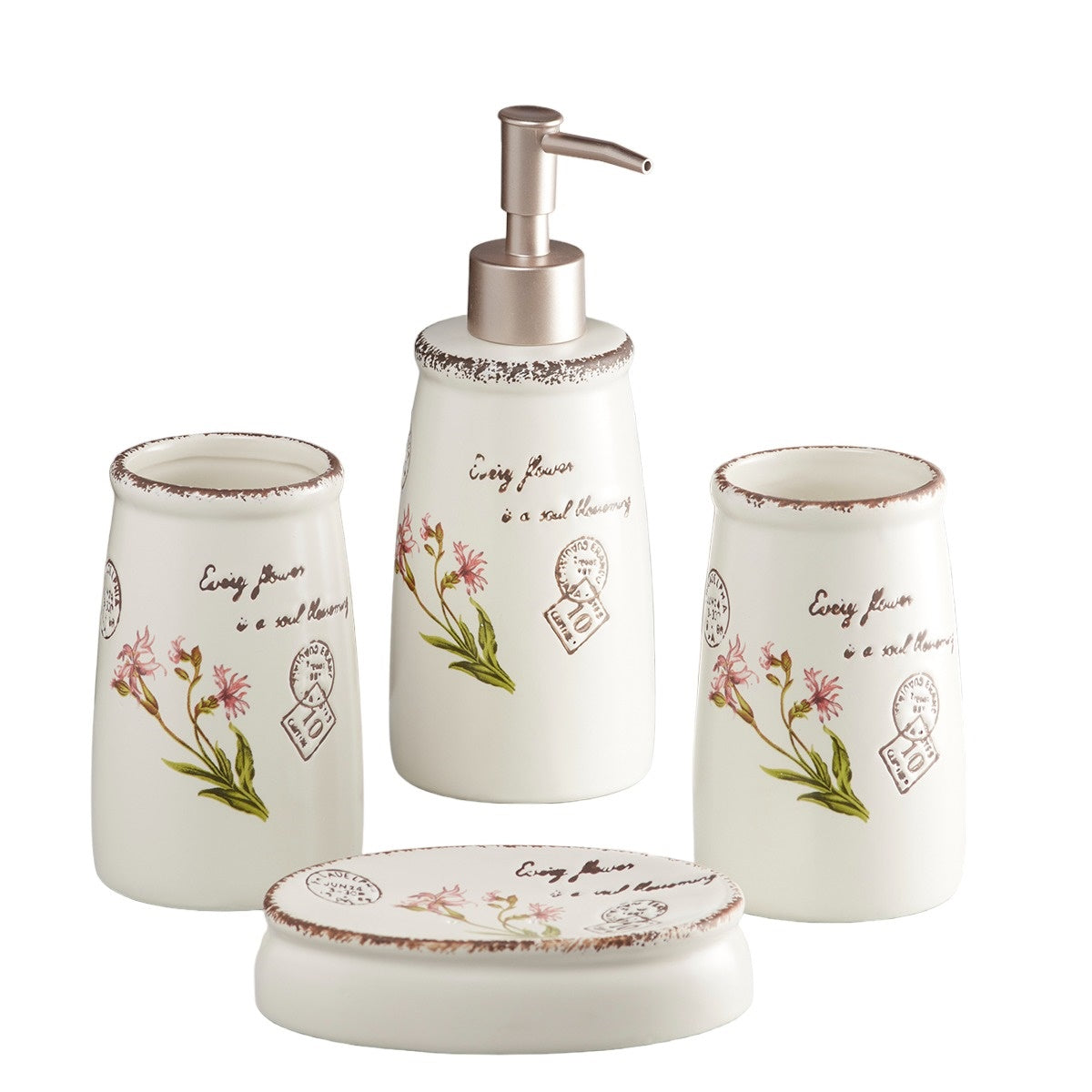 Ceramic Bathroom Accessories Set of 4 Bath Set with Soap Dispenser (10105)
