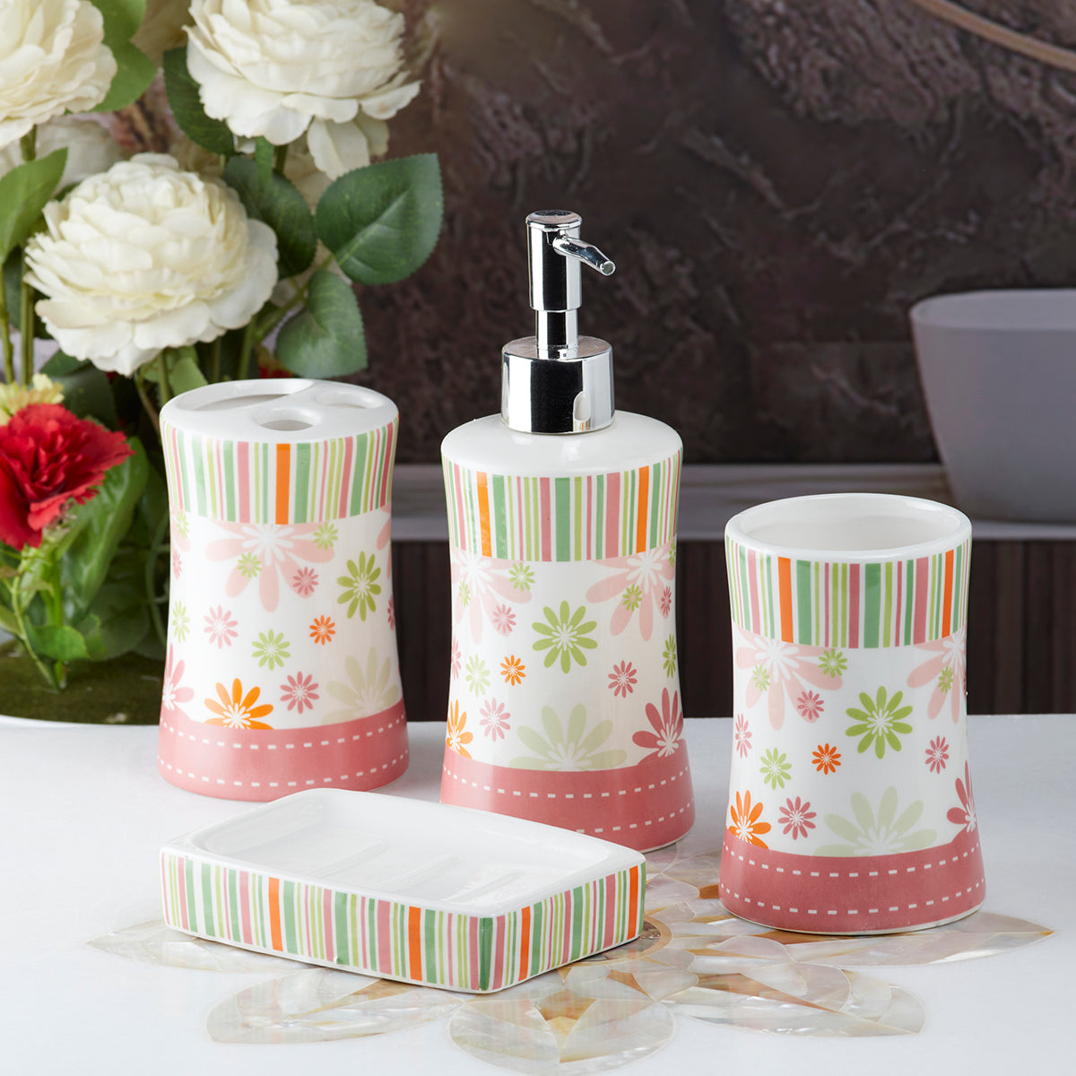 Ceramic Bathroom Accessories Set of 4 Bath Set with Soap Dispenser (10106)