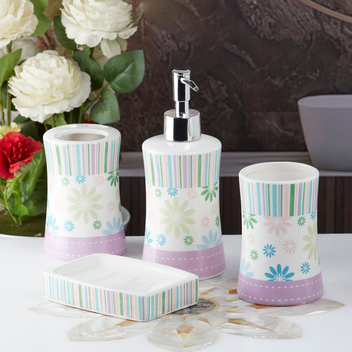 Ceramic Bathroom Accessories Set of 4 Bath Set with Soap Dispenser (10107)