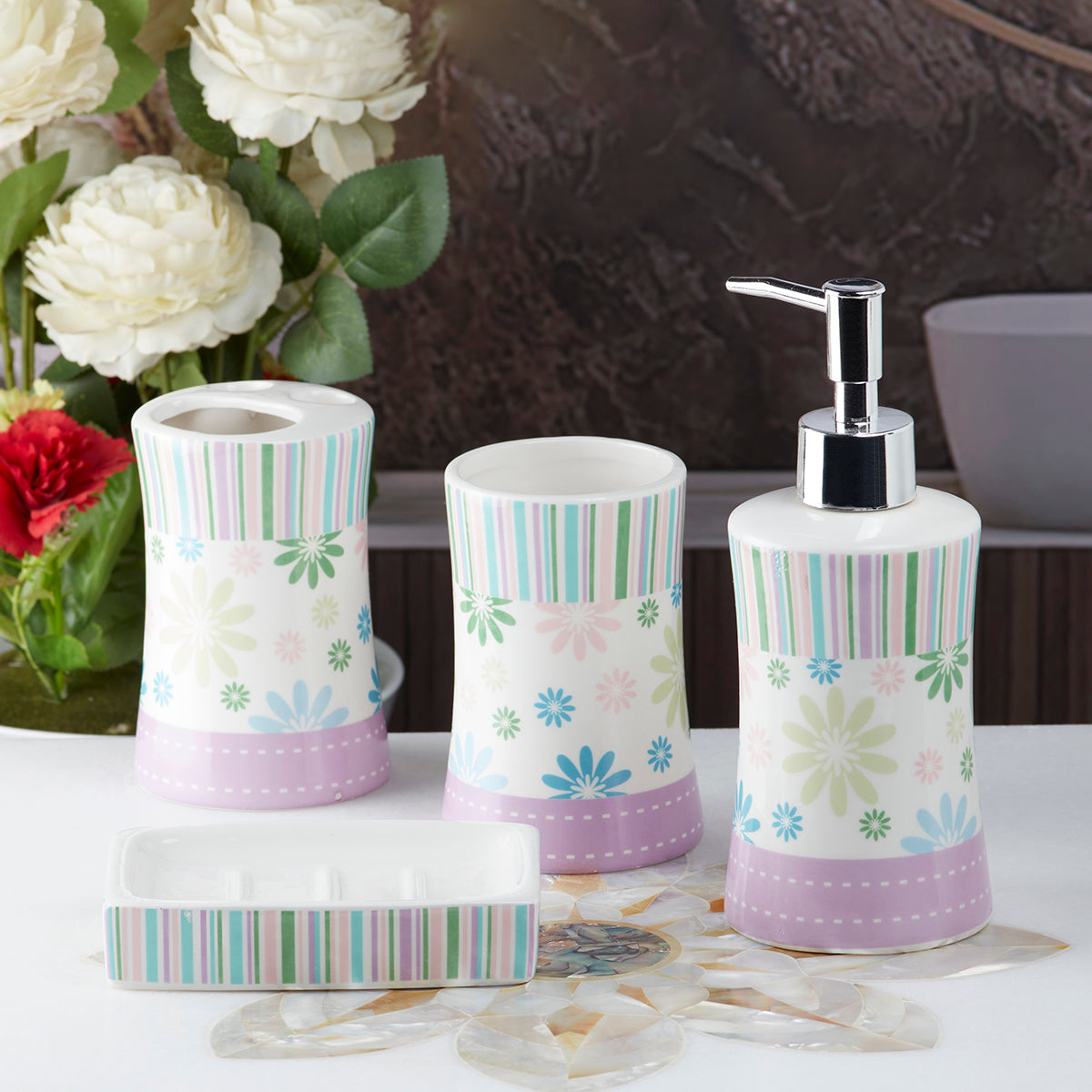 Ceramic Bathroom Accessories Set of 4 Bath Set with Soap Dispenser (10107)