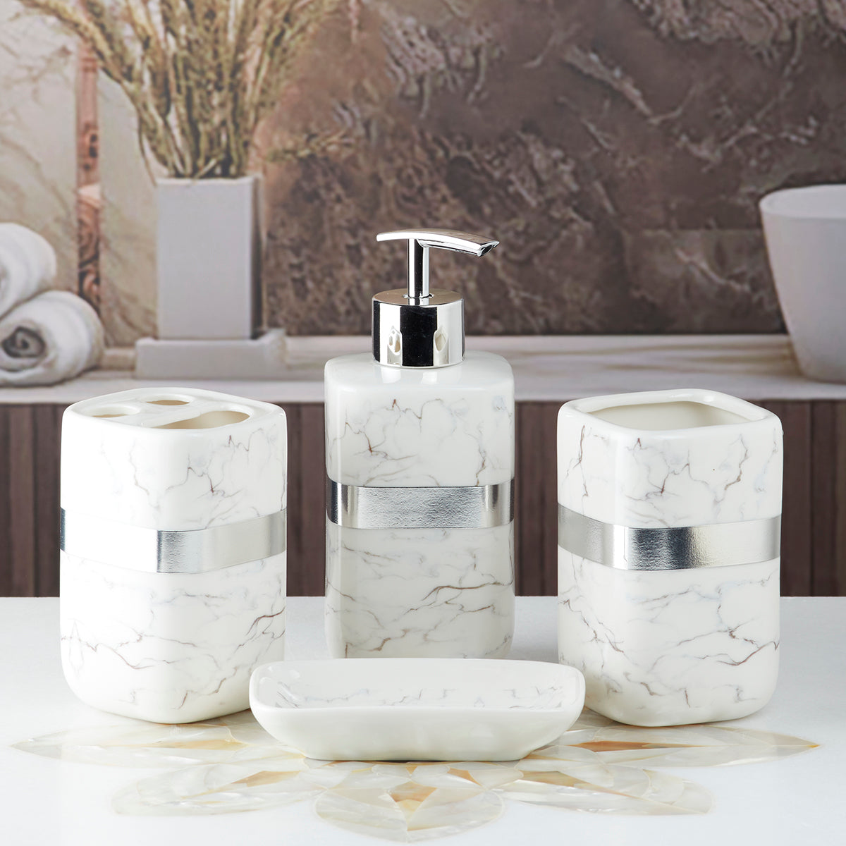 Ceramic Bathroom Accessories Set of 4 Bath Set with Soap Dispenser (10111)