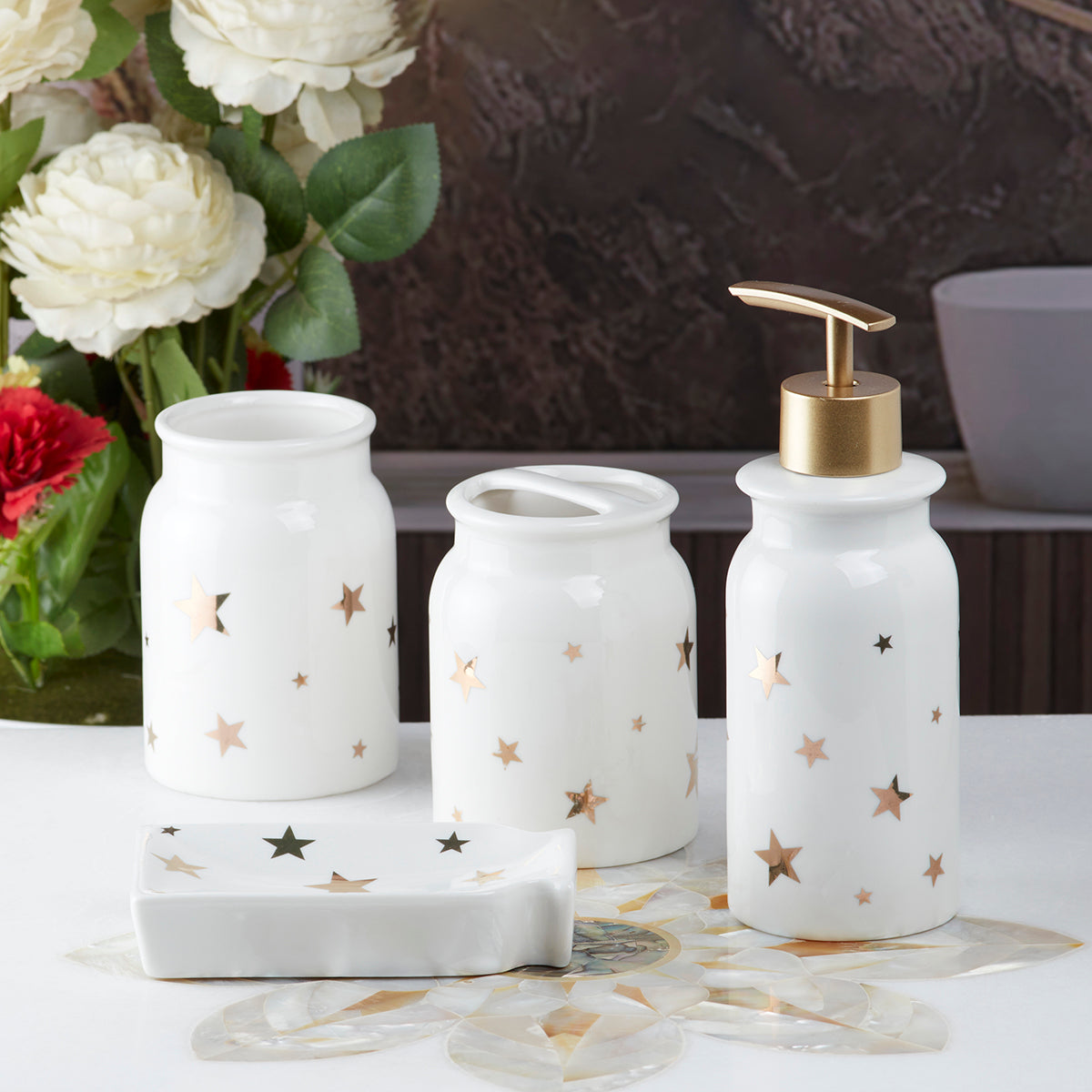 Ceramic Bathroom Accessories Set of 4 Bath Set with Soap Dispenser (10112)