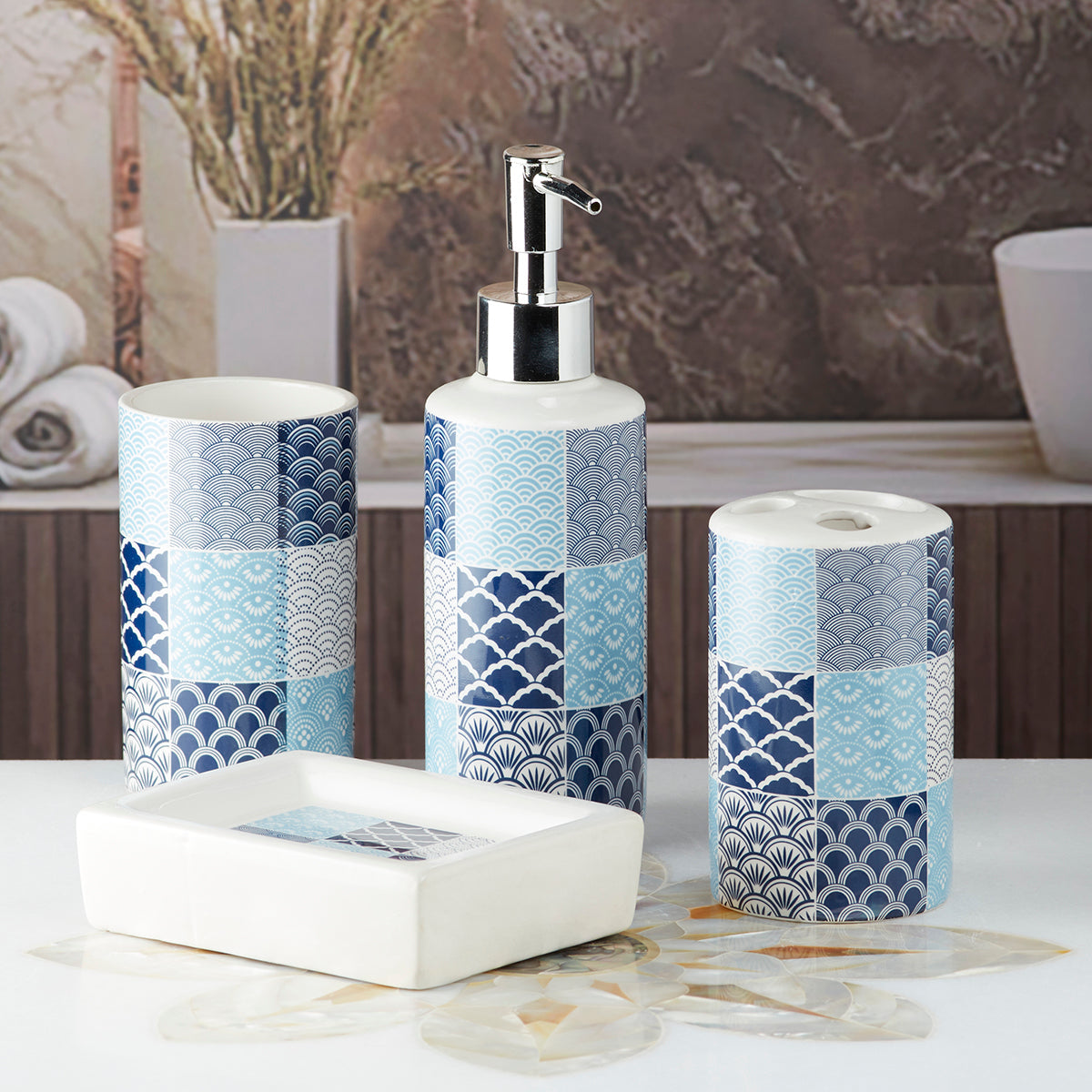Ceramic Bathroom Accessories Set of 4 Bath Set with Soap Dispenser (10113)