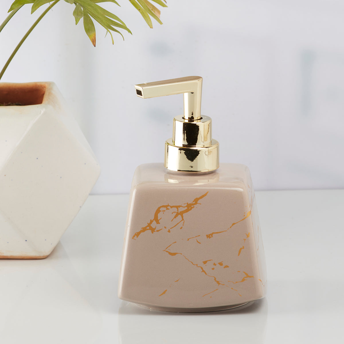 Ceramic Soap Dispenser handwash Pump for Bathroom, Set of 1, Grey/Gold (10152)
