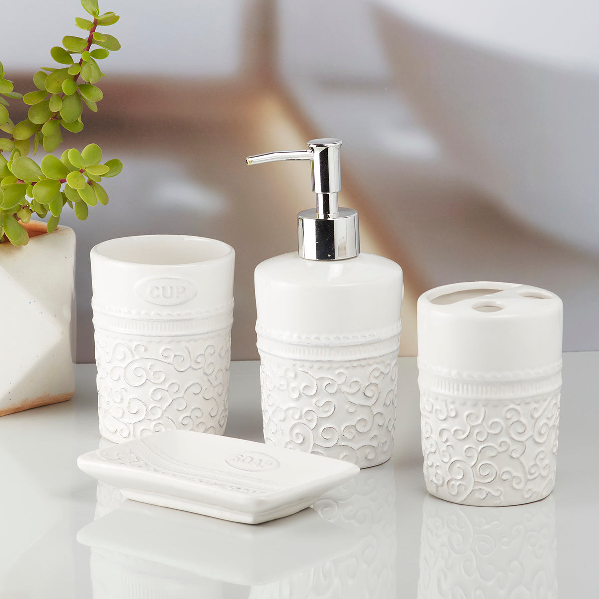 Ceramic Bathroom Accessories Set of 4 Bath Set with Soap Dispenser (10180)