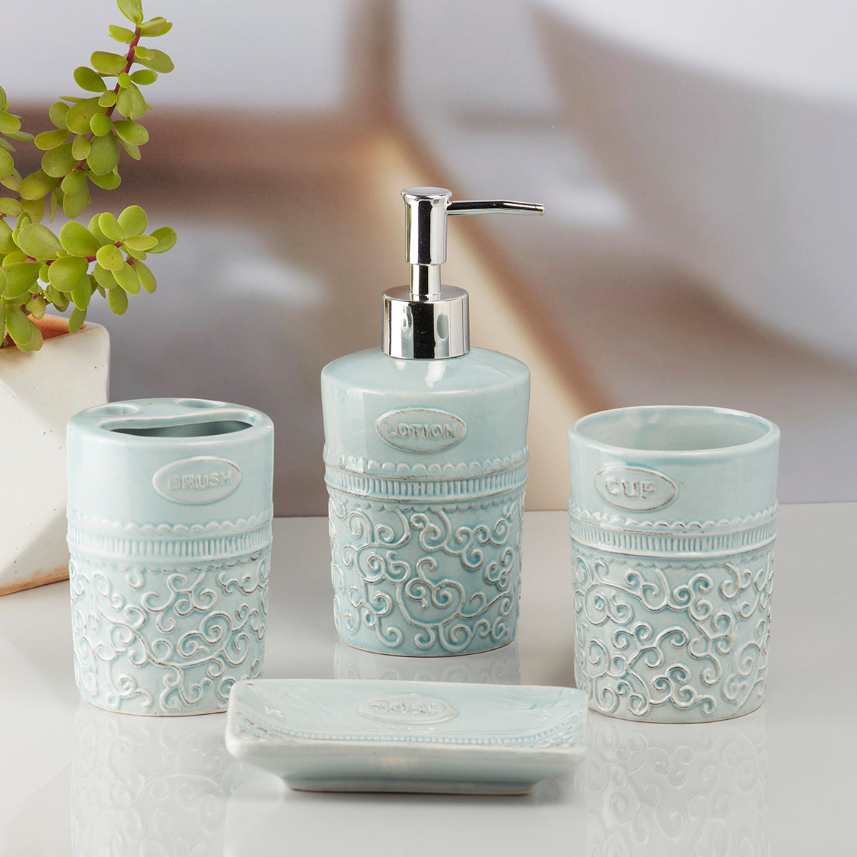 Ceramic Bathroom Accessories Set of 4 Bath Set with Soap Dispenser (10181)