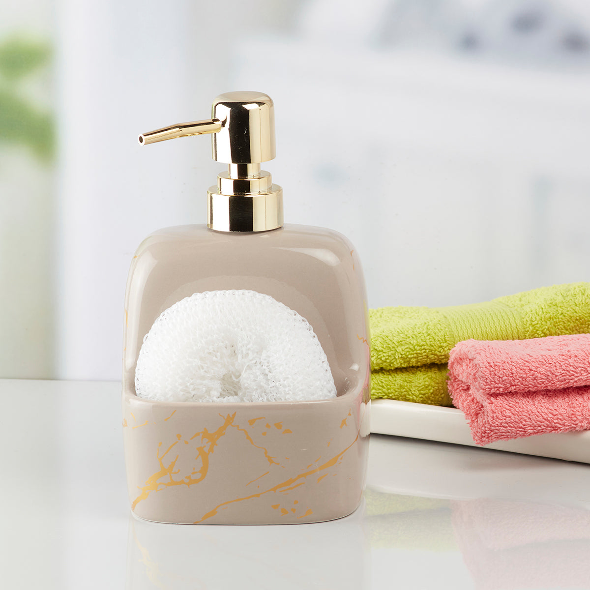 Ceramic Soap Dispenser handwash Pump for Bathroom, Set of 1, Grey/Gold (10205)