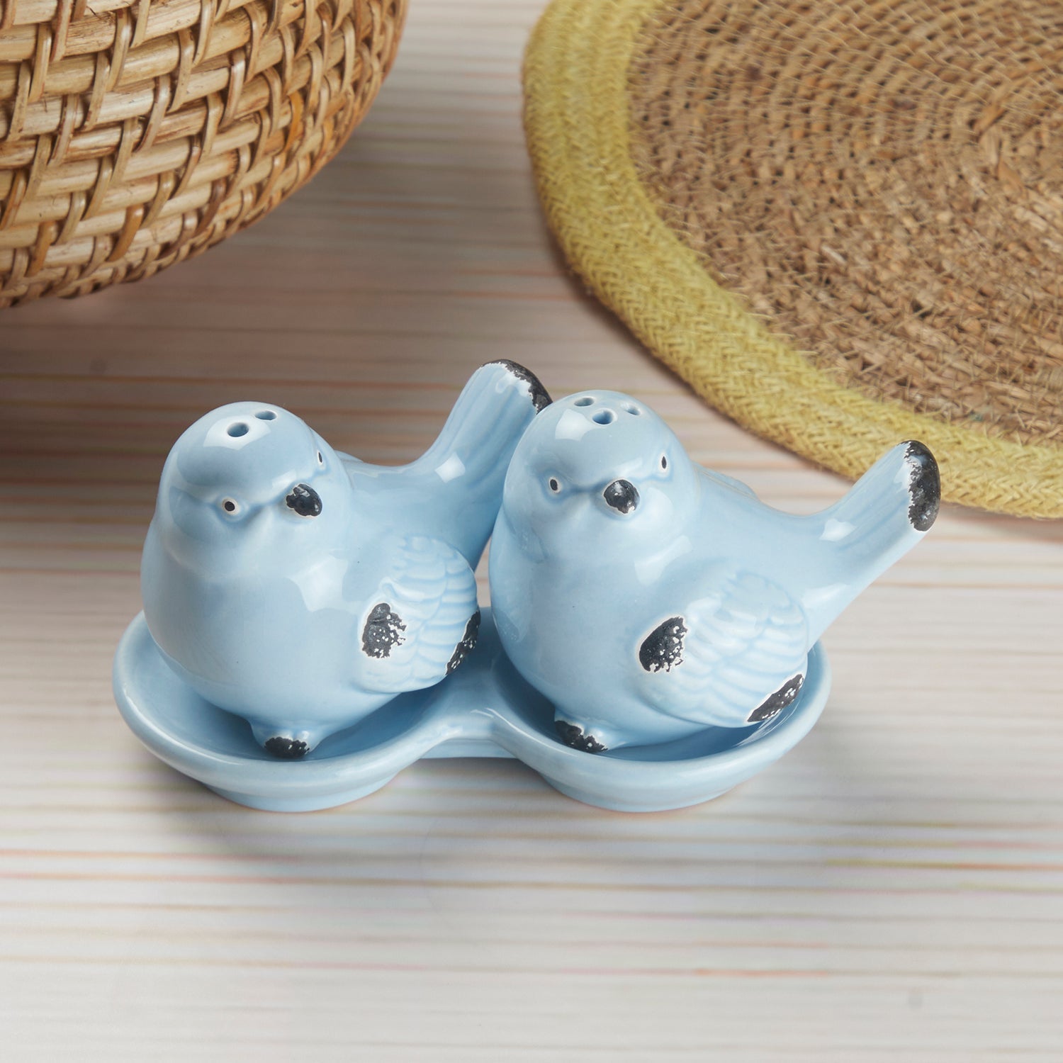 Ceramic Salt and Pepper Set with tray, Sparrow, Blue(10278)