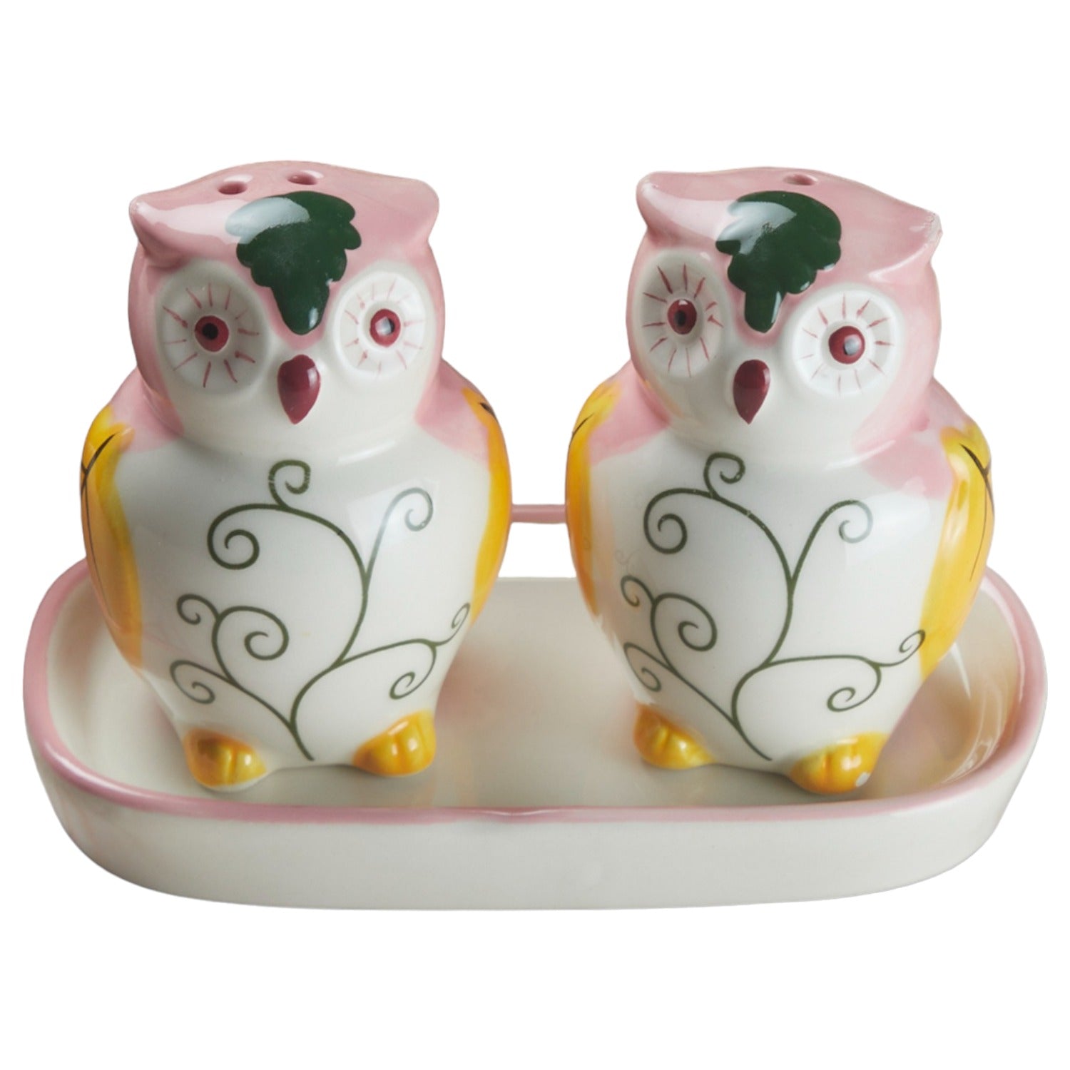 Ceramic Salt and Pepper Set with tray, Owl Design, Pink (10284)