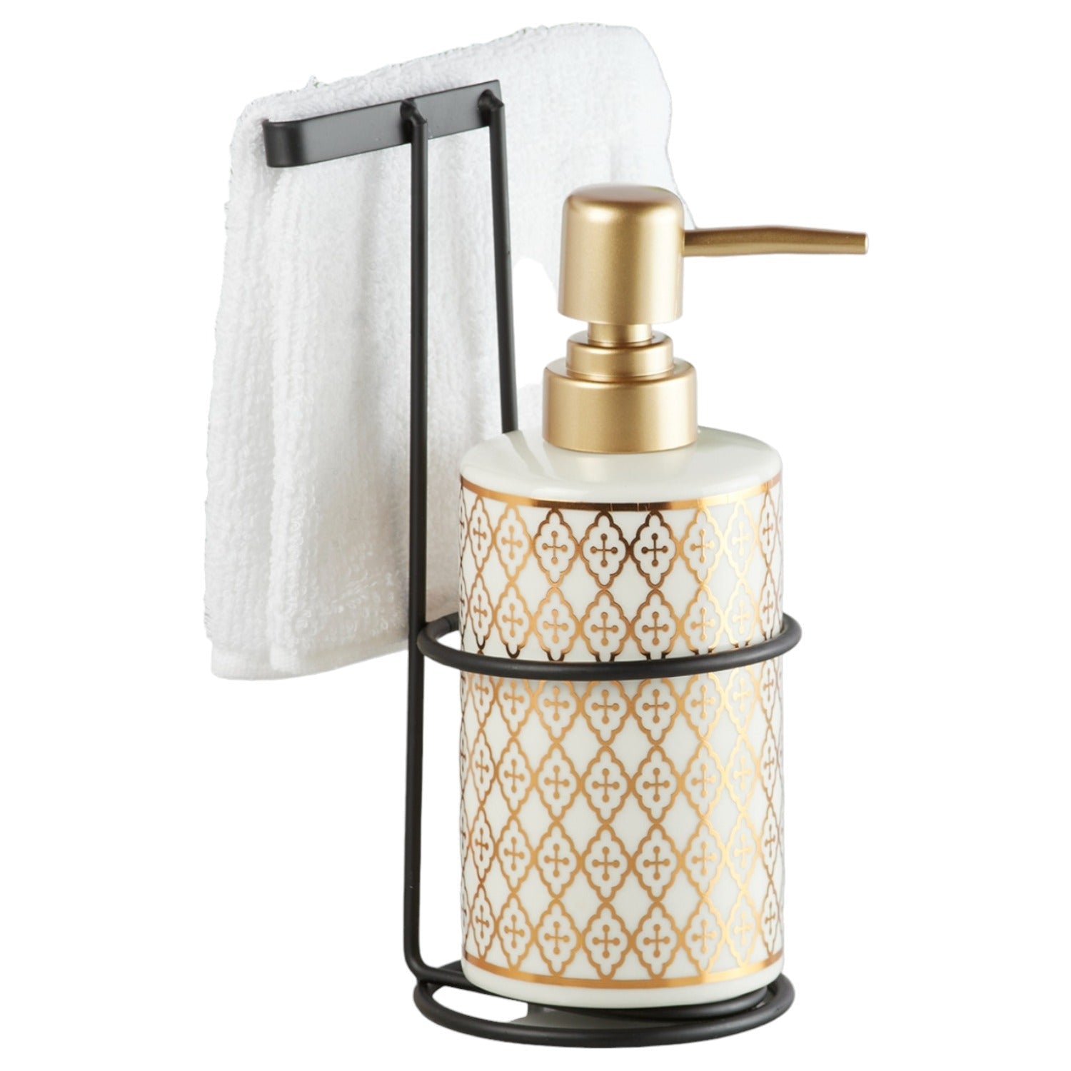 Ceramic Soap Dispenser handwash Pump for Bathroom, Set of 1, White/Gold (10293)