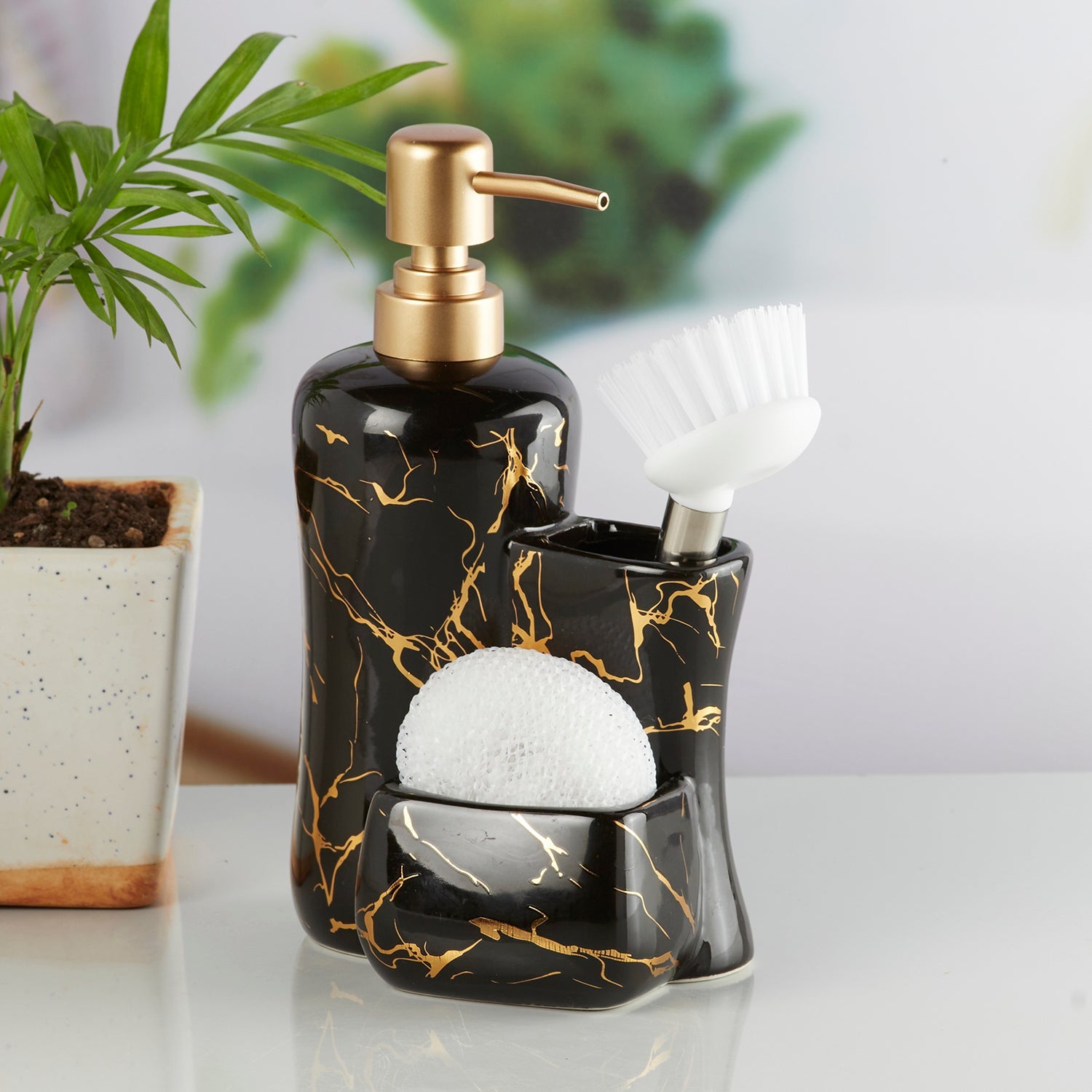 Ceramic Soap Dispenser handwash Pump for Bathroom, Set of 1, Black/Gold (10304)
