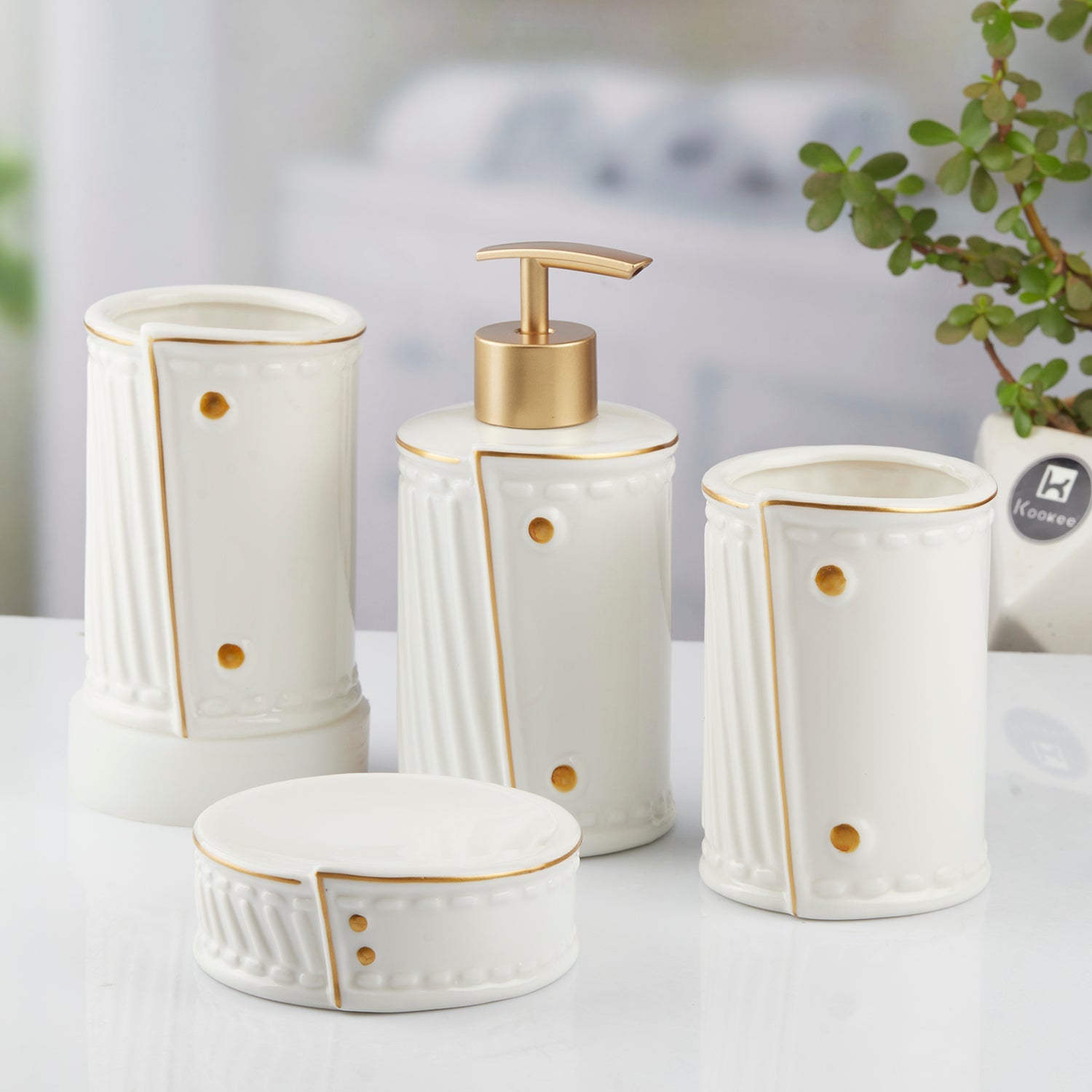 Ceramic Bathroom Set of 4 with Soap Dispenser (10373)