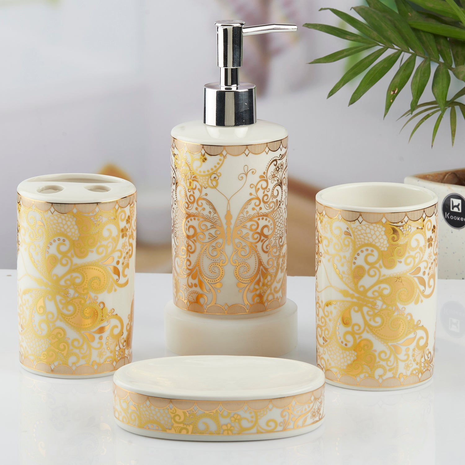 Ceramic Bathroom Set of 4 with Soap Dispenser (10378)