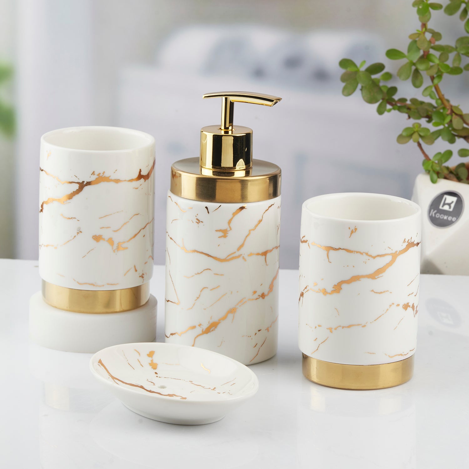 Ceramic Bathroom Set of 4 with Soap Dispenser (10382)