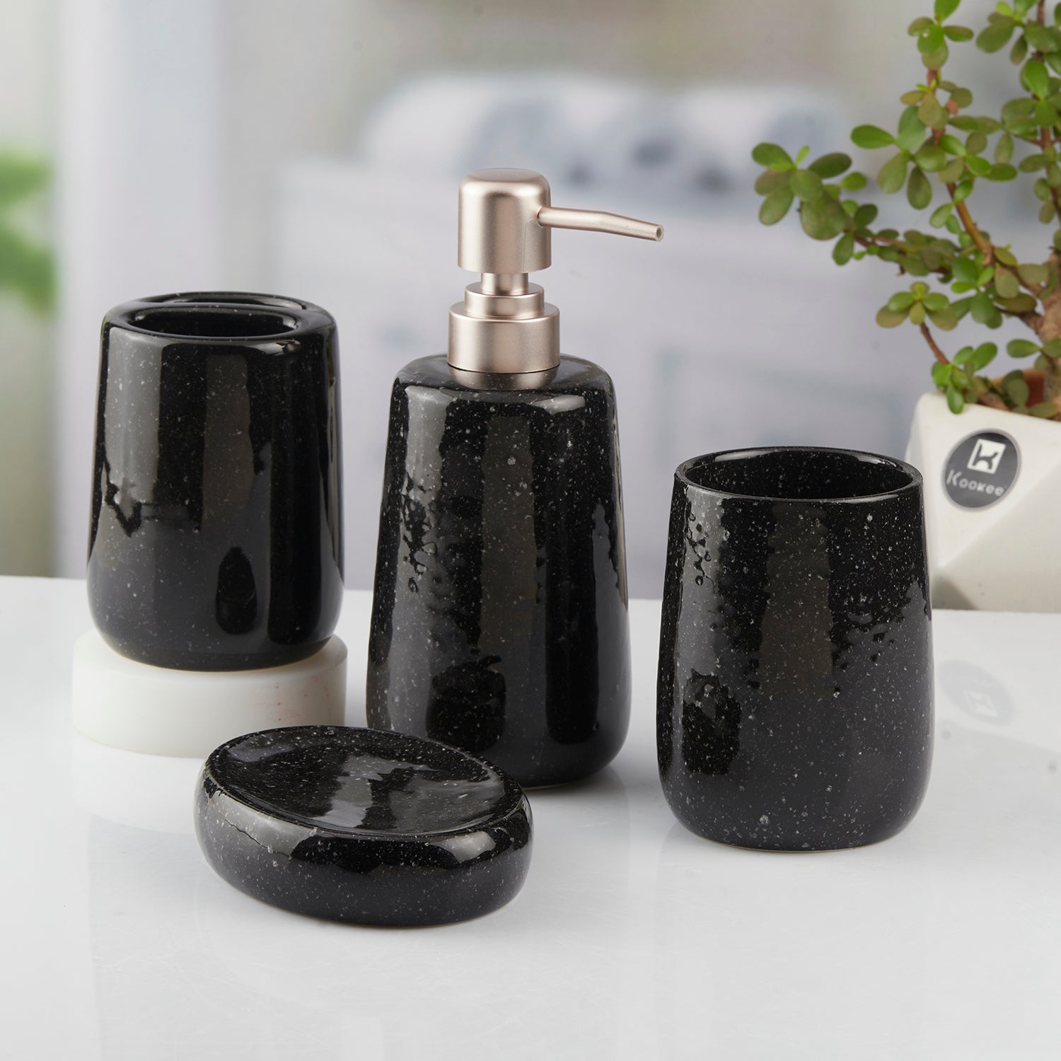Ceramic Bathroom Set of 4 with Soap Dispenser (10385)