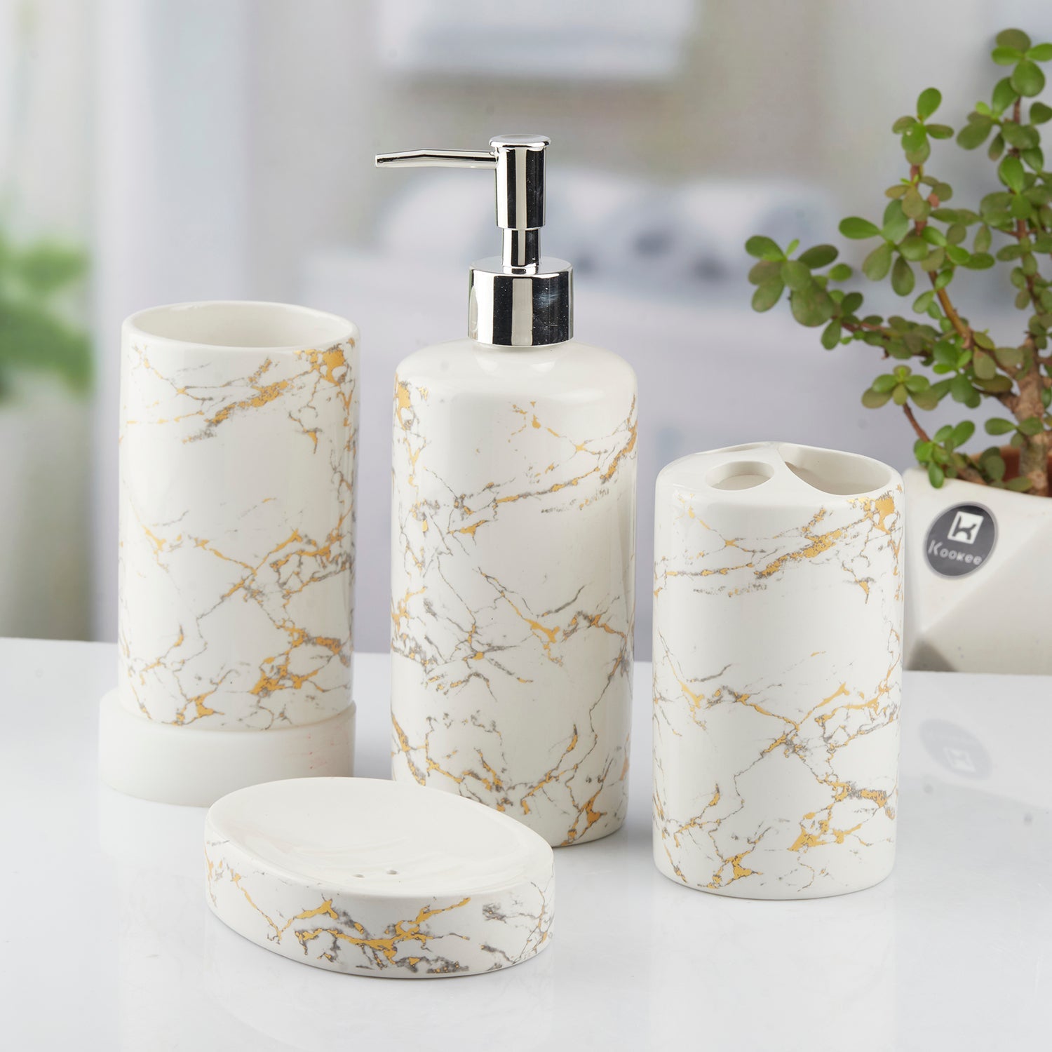 Ceramic Bathroom Set of 4 with Soap Dispenser (10389)